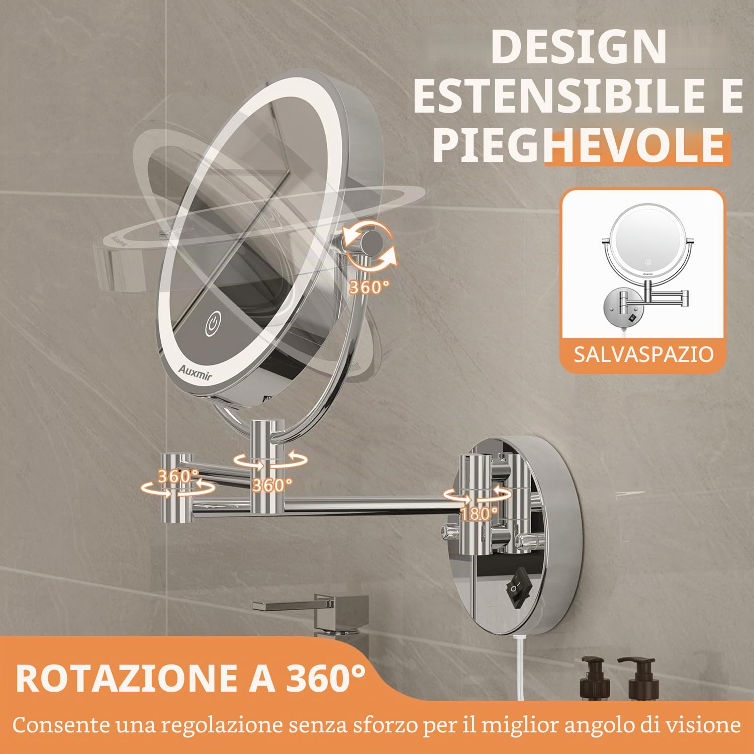 Auxmir Specchio da Parete, Ingrandimento 1X/30X, Specchio Trucco con Luci a 3 colori, Luminosità Regolabile, Specchio Bagno, Girevole a 360°, Alimentatore a Spina, Spegnimento Automatico, per Bagno