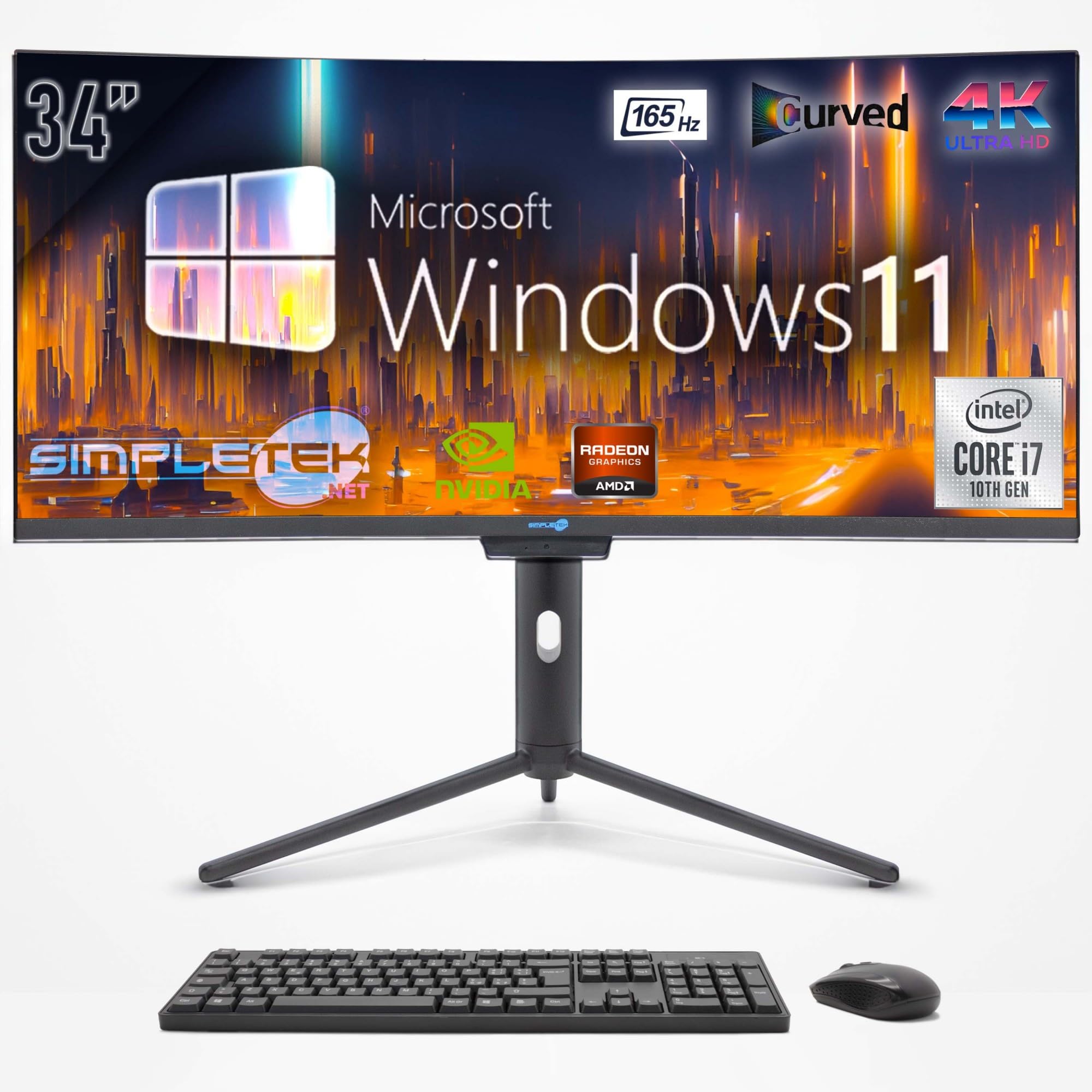 SIMPLETEK - Computer All in One 34" Schermo Curvo 4K 165Hz per Gaming, Grafica | Core i7 10° Gen | Windows 11 Pro | GPU GTX1050 TI 4GB | 8GB RAM SSD 240GB | Webcam 2K | BT 5.2
