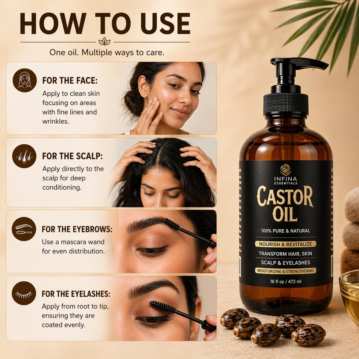 INFINA ESSENTIALS Pure Castor Oil for Hair Growth, Scalp, Skin, Face & Eyelashes - 100% Pure Hexane Free Cold Pressed Castor Oil Glass Bottle - Nourish & Moisturize Hair & Skin - 16 fl oz