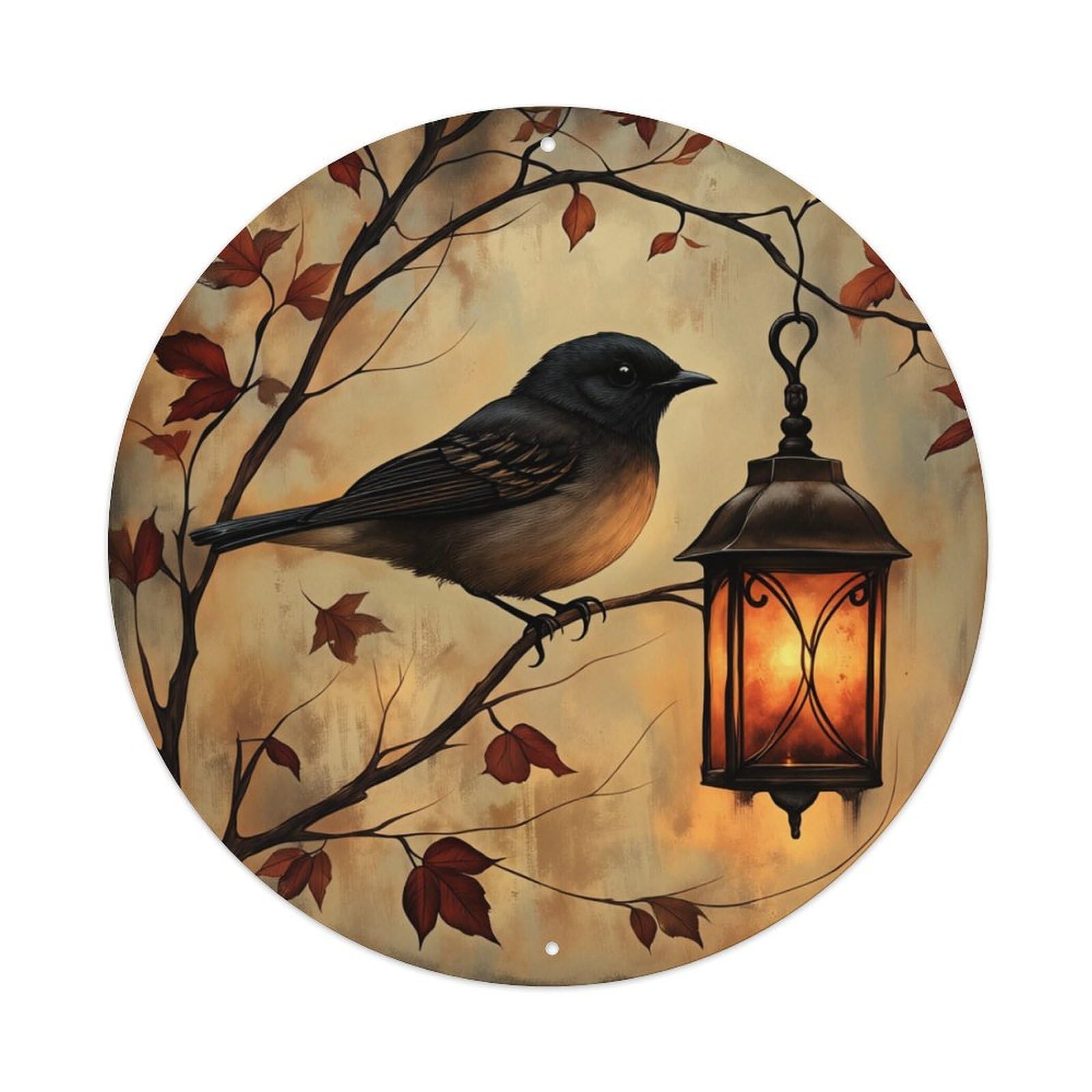 Bird On Branch With Lantern Round Tin Sign Retro Metal Sign for Cafe Bar Pub Home Game Room Gym Club Wall Decoration Vintage Metal Poster 8x8 Inch