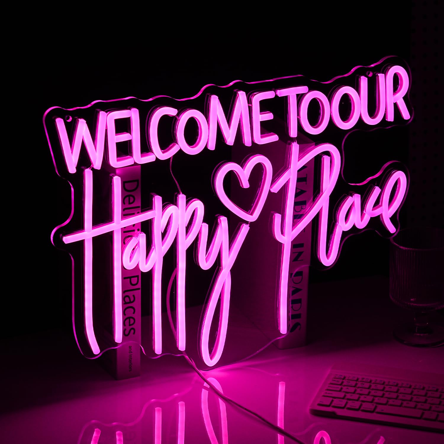Neonschild mit Aufschrift "Welcome To Our Happy Place", mit USB, dimmbar, fröhliche Buchstaben, leuchtendes Schild für Schlafzimmer, Hochzeit, Party, Heimdekoration (42 x 32 cm)
