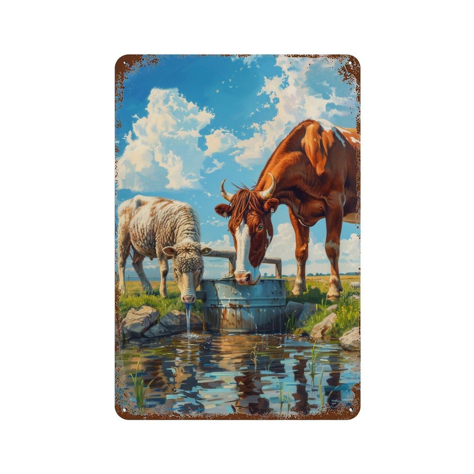 Rust Effect Cows Drinking Water Rustic Tin Plaque 11.8"x7.9", Old School Wall Decor for Shed, Workshop And Garage Wall Decor