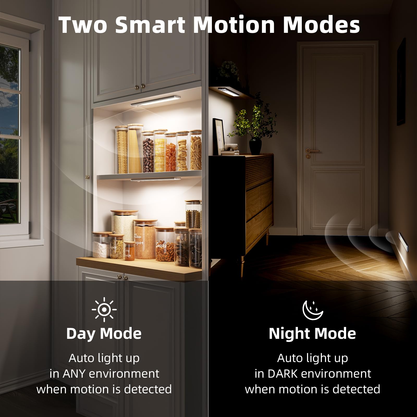 EZVALO Under Cabinet Kitchen Lights, 3 Color Dimmable 62 LED Motion Sensor Lights Indoor, 1600mAh Rechargeable LED Lights for Cupboard, Kitchen (20.5cm, 2 Pack) - 5