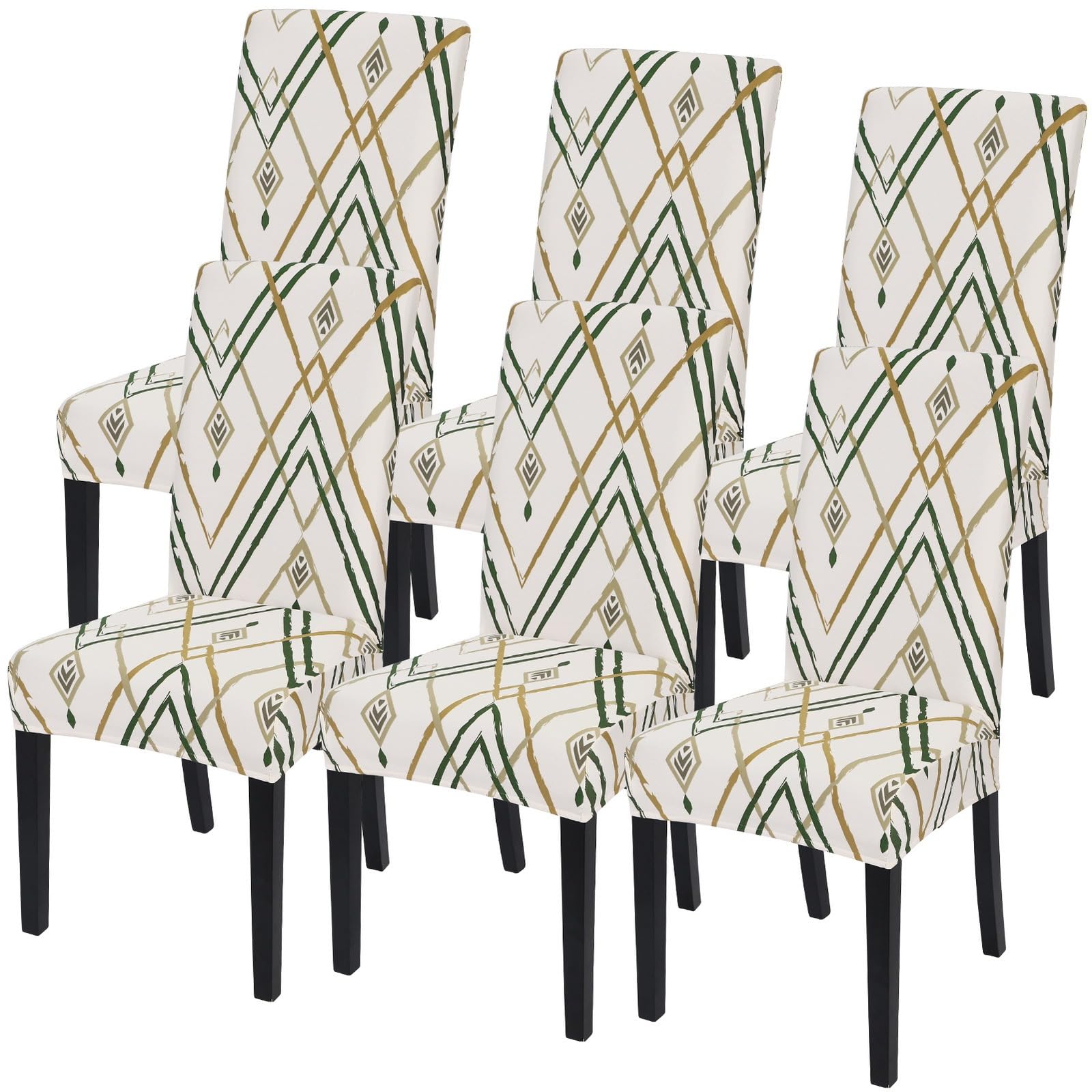 SearchI Dining Room Chair Covers Set of 6, Stretch Printed Kitchen Chair Slipcovers Removable Washable Parsons Chair Covers Protector for Dining Room, Hotel, Ceremony (Beige-Green Stripe)