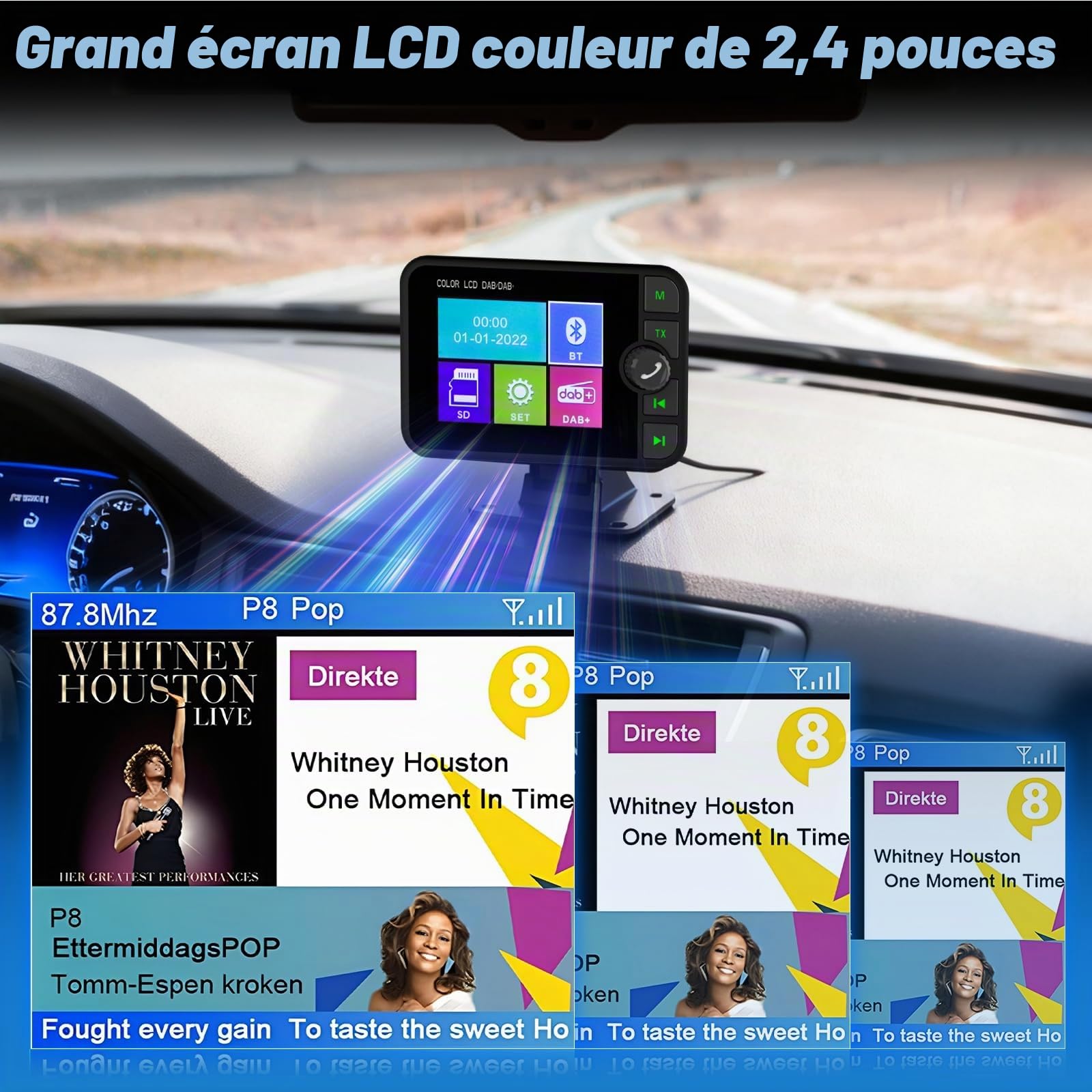 Adaptateur Dab/Dab+ pour Voiture - Affichage LCD 2,4 Pouces avec Émetteur FM et Bluetooth - Entrée AUX et Lecteur MP3 par Carte TF - Fonction Balayage Automatique et Service Following