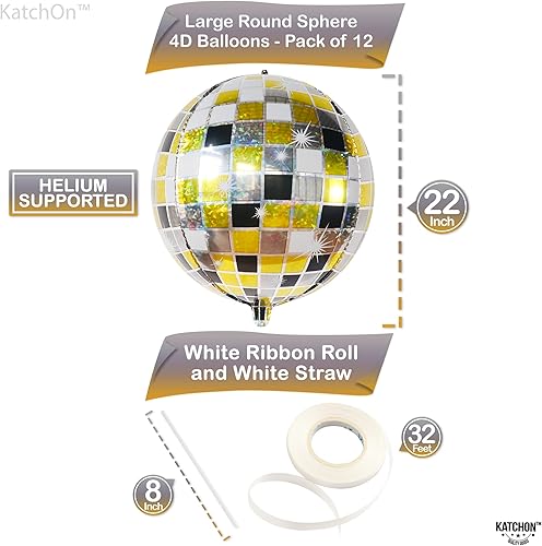 Miniatura 2 de KatchOn, Globos de bola de discoteca brillantes, grandes de 22 pulgadas, paquete de 12, globos de disco negros y plateados de aluminio para