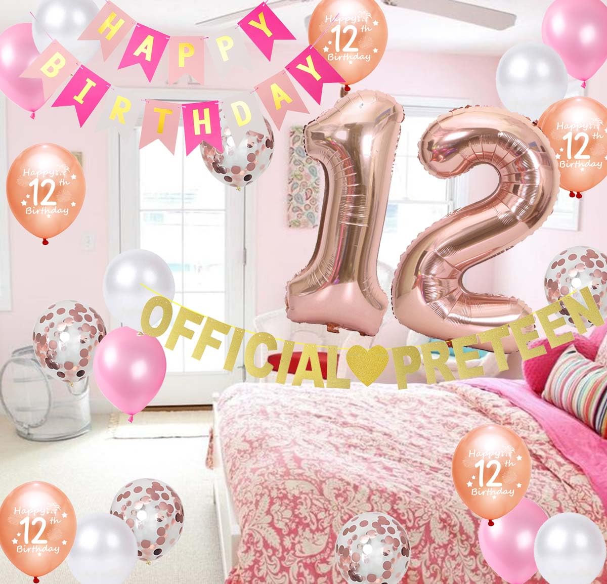 12. Geburtstag Deko-Set In Roségold – Banner, Wimpel, Wirbel & Ballonband (für Mädchen, Party-Dekoration)