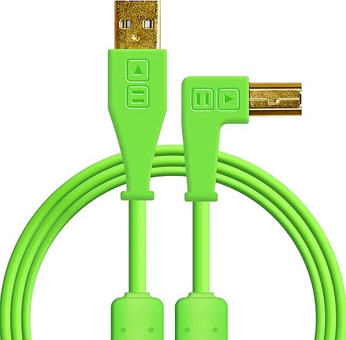 DJ TechTools Chroma Cables USB-A a USB-B en ángulo recto  4.9 ft  5 pies  Audio optimizado  Blindado de interferencias  Brida para cables (verde)