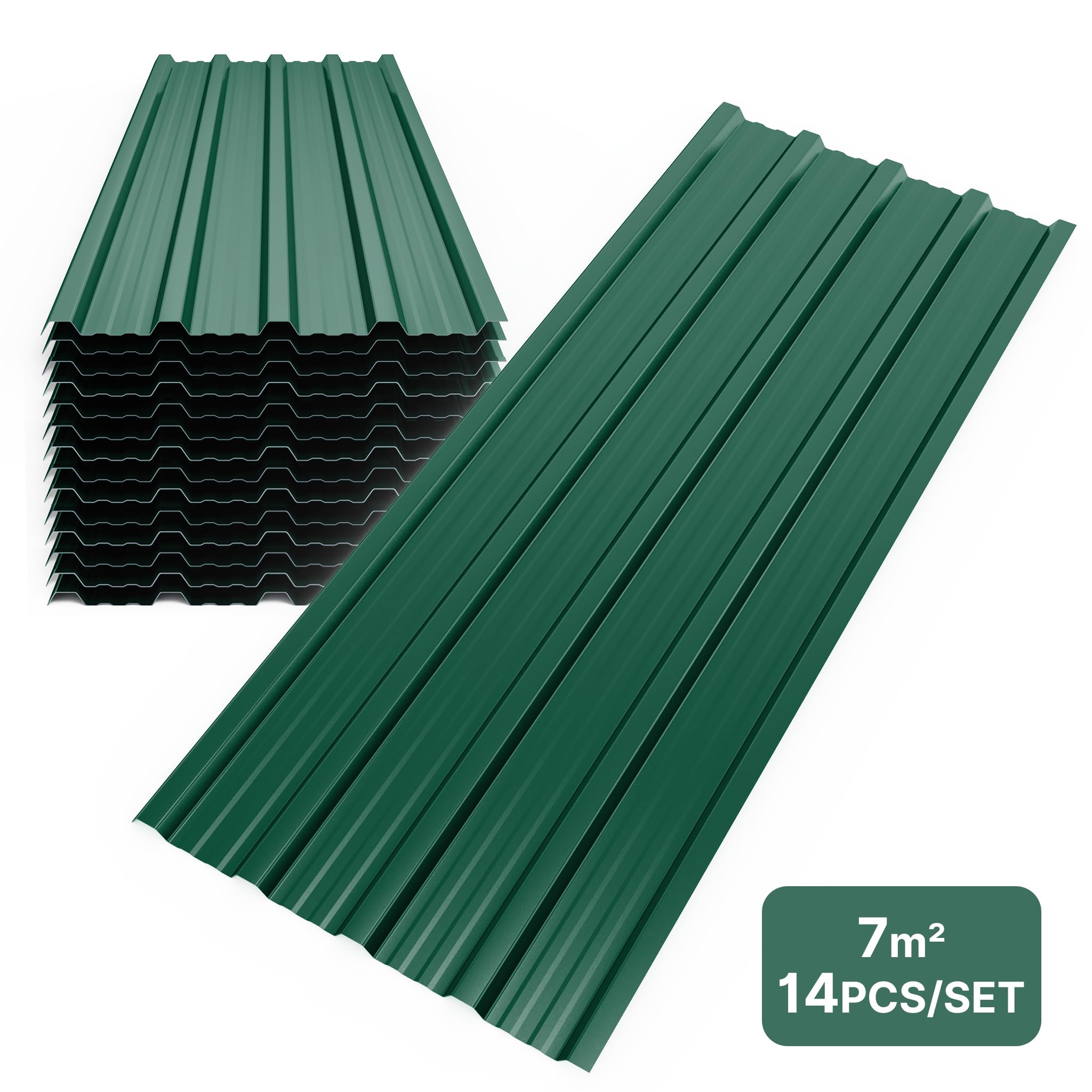 Mondeer 14er-Set Metall Trapezblech, Wellblechplatten für Dach, Dachbleche Trapezblech, Verzinkter Stahl für den Bau von Garagen, Gewächshäusern, Zwingern, 7m², 110 * 46cm, Grün