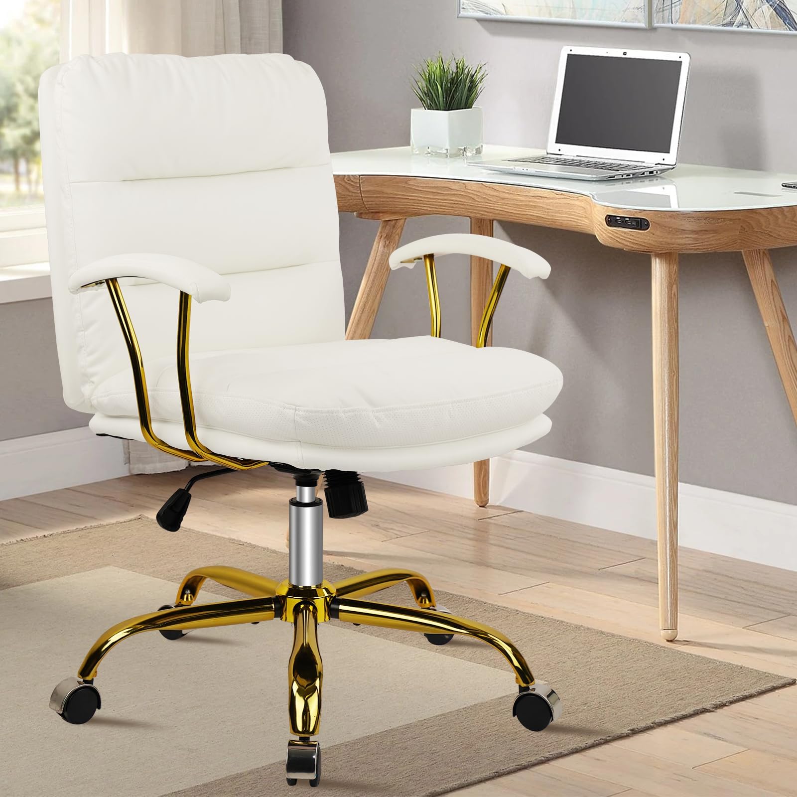 Leather Executive Chair, Mid-Back Home Office Desk Chair with Gold Wheels & Removable Armrests, Rolling Swivel Computer Task Chair for Girls Women Vanity Make Up Bedroom Living Room, White