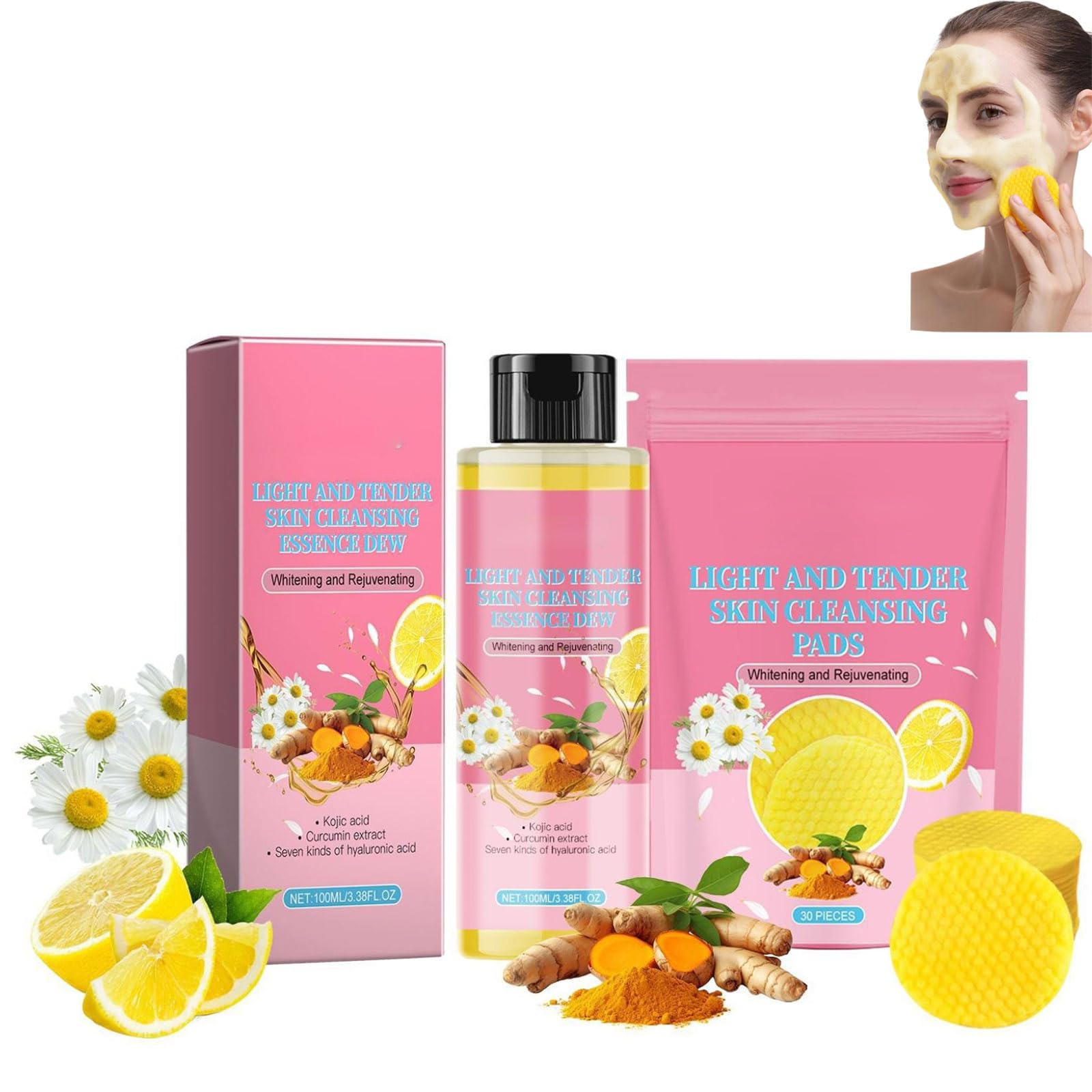 Turmeric Kojic Skin Pads and Cleansing Essence,Turmeric Cleansing Pads for Face Remove Excess Keratin,Balance Skin Oil And Water (Pink)