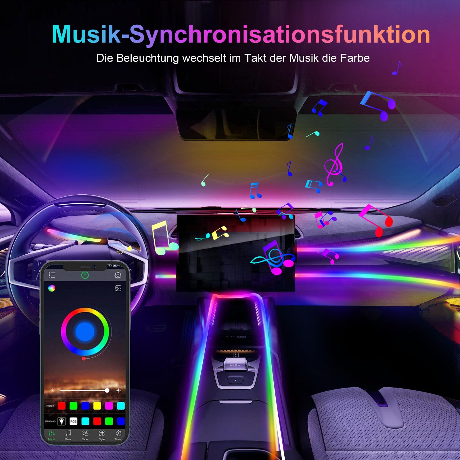 GPJYD Acryl 6 IN 1 Auto Ambientebeleuchtung, RGB LED Auto Innenbeleuchtung Strip Lights 445cm 584 LEDs mit 16 Millionen Farben, 210 Dynamische, USB-Port A uto LED Innenbeleuchtung