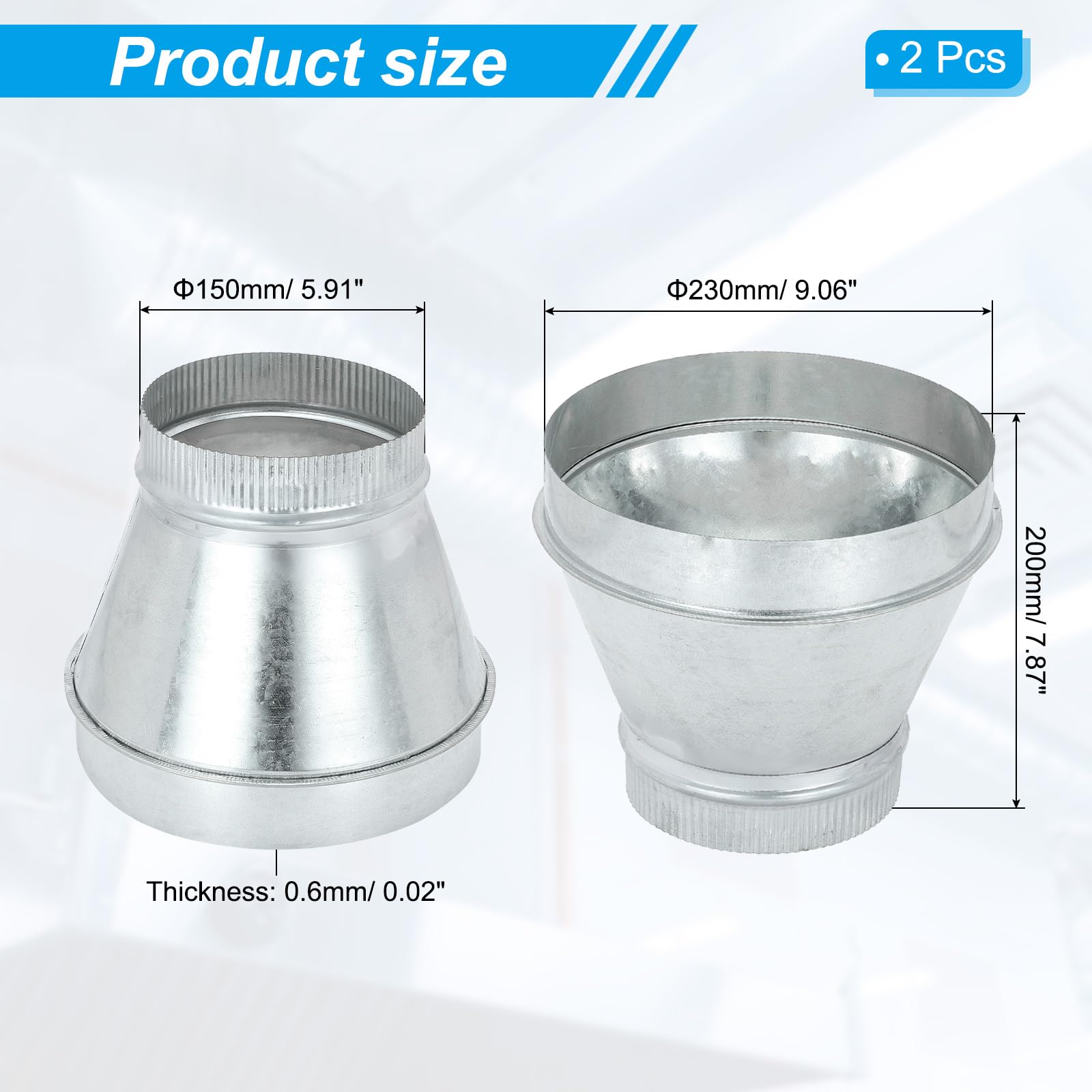 PATIKIL 25,4 cm auf 15,2 cm Rohrreduzierer, 2 Stück, verzinkter Stahl, rund, Luftk-Reduzierstück, Crimprohrerhöhung, Adapter, Verbindungsstück, Kupplung für HVAC, Lüftungsanlagen