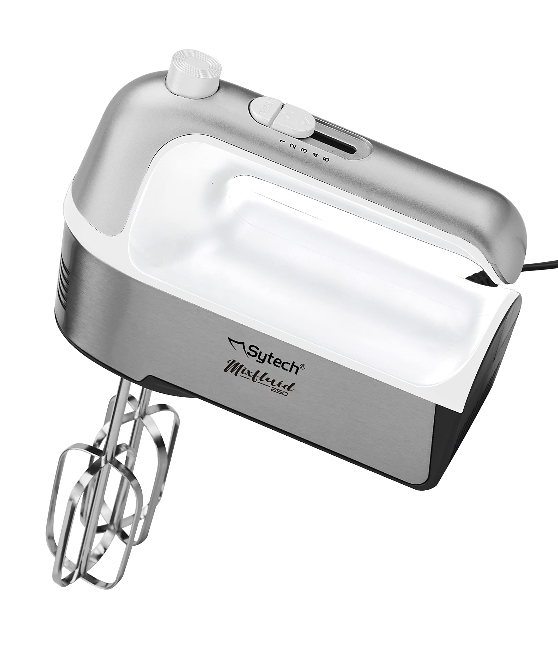 SYTECH Batidora Eléctrica de Mano 250W con 5 Velocidades + Turbo, Cable de 1 Metro, 2 Varillas para Repostería y 2 Varillas para Amasado - Batidora Compacta para Repostería y Montar Nata (Blanco)