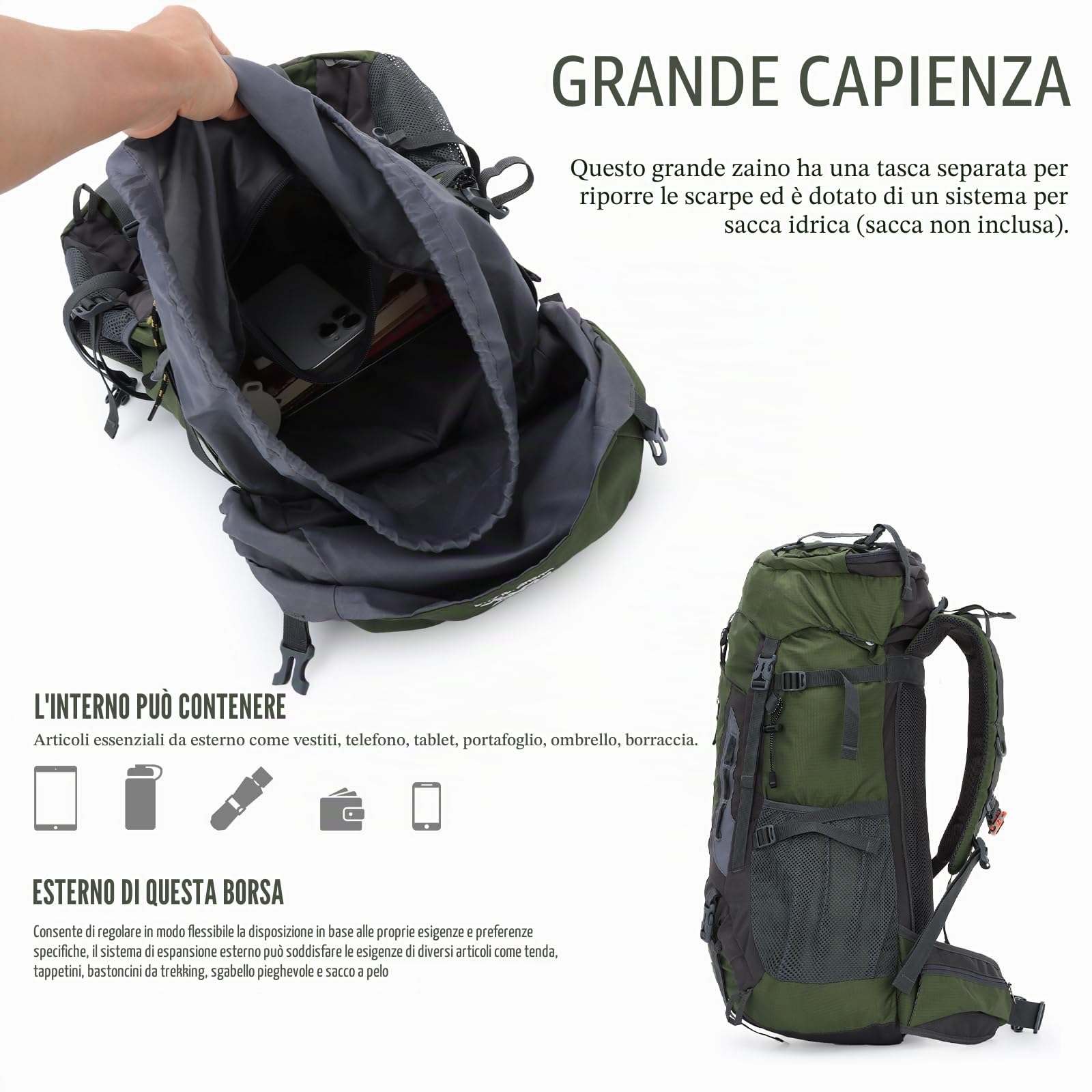 Zaino da trekking impermeabile da 70 litri con copertura antipioggia, grande zaino da viaggio per campeggio, camminata, arrampicata