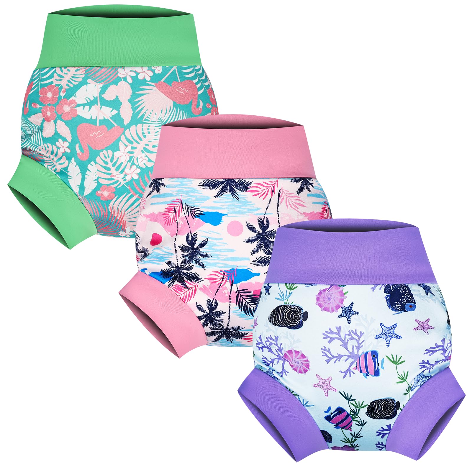 FLYISH DIRECT Couches de Bain Lavable et Réutilisables, lot de 3 Couches de Bain enfants, Couche Piscine Bébés Lavable, Trio tropical, 4-5 Ans