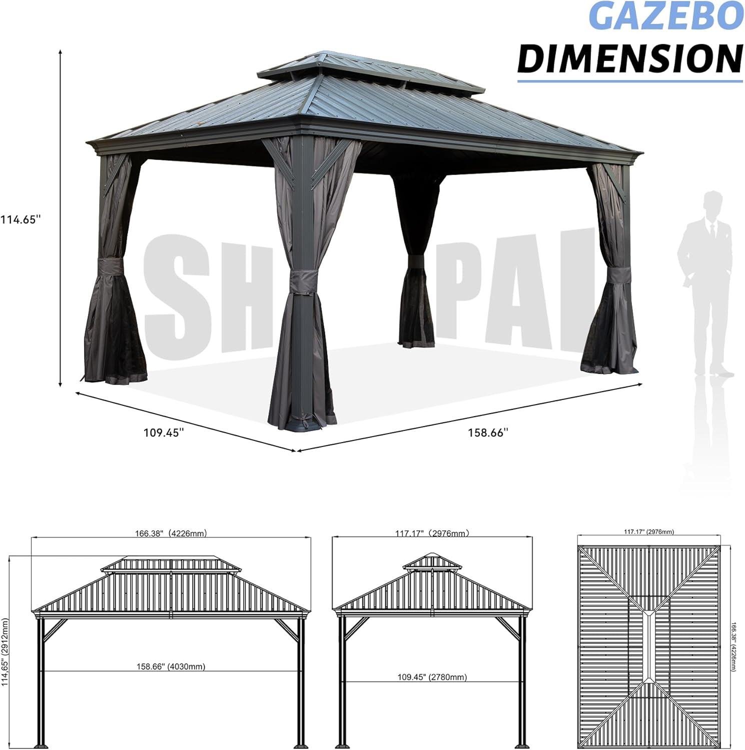 Detailed dimension diagram of the SHPAI 10' x 14' Gazebo