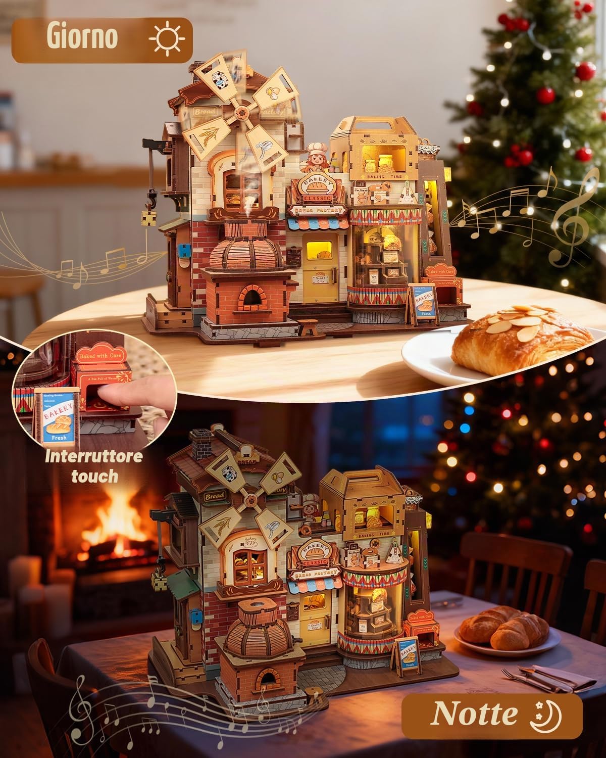 CUTEBEE Puzzle 3D Legno Bread Factory – Modellismo da Costruire Adulti con Luci LED, Musica e Meccanismi Rotanti, Kit 576 pezzi, Miniature da Costruire, Decorazione per Libreria, Regalo Creativo