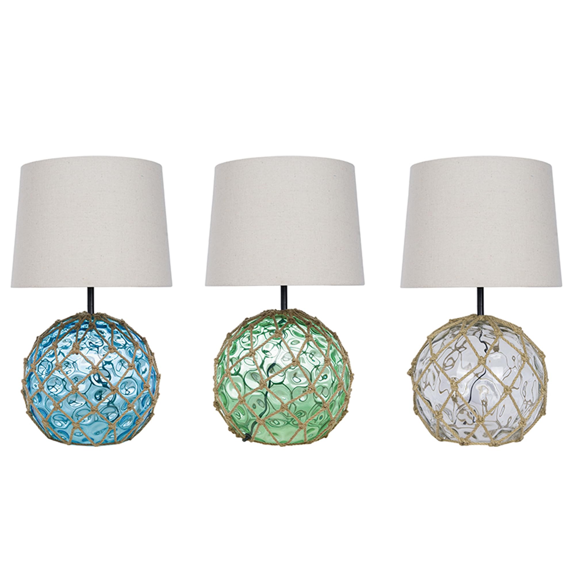 Lámpara marinera de mesa con forma de boya náutica con malla en cabo de cáñamo , lampara náutica de sobremesa Ø30cm, con pantalla cilíndrica en color crudo E27, boya de cristal Azul