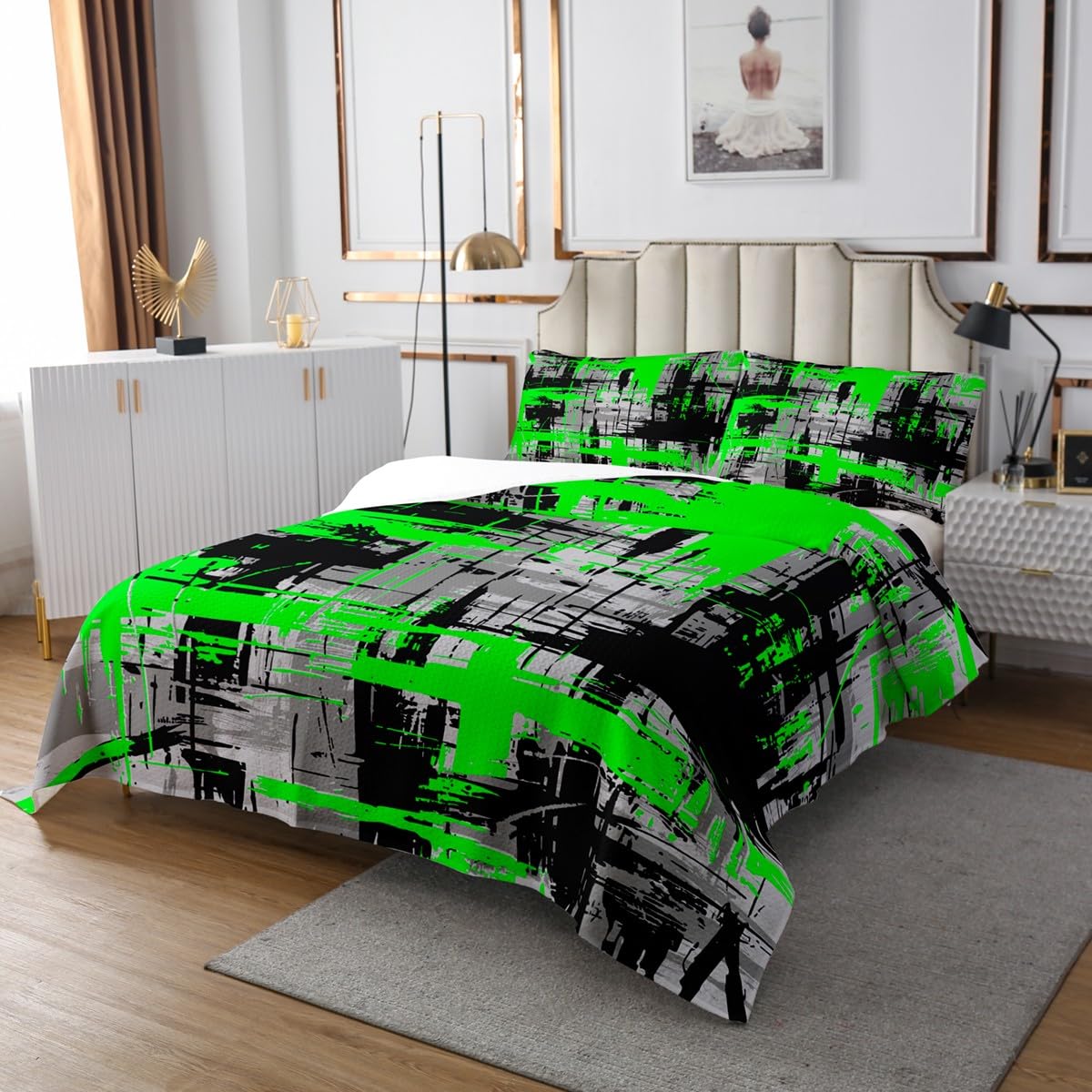 Juego De Colcha Acolchada Geométrica Gris Y Negro - Para Cama Individual, Doble O King, Incluye Fundas De Almohada