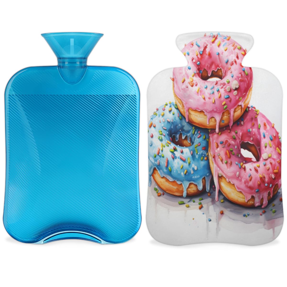 Hot Water Bottle with Soft Cover,2L Graffiti Donut Hot Water Bag for Hot and Cold Compress, Hand Feet Warmer, Scrummy Donut Rubber Hot or Cold Water Bottle Halloween Christmas Decorations
