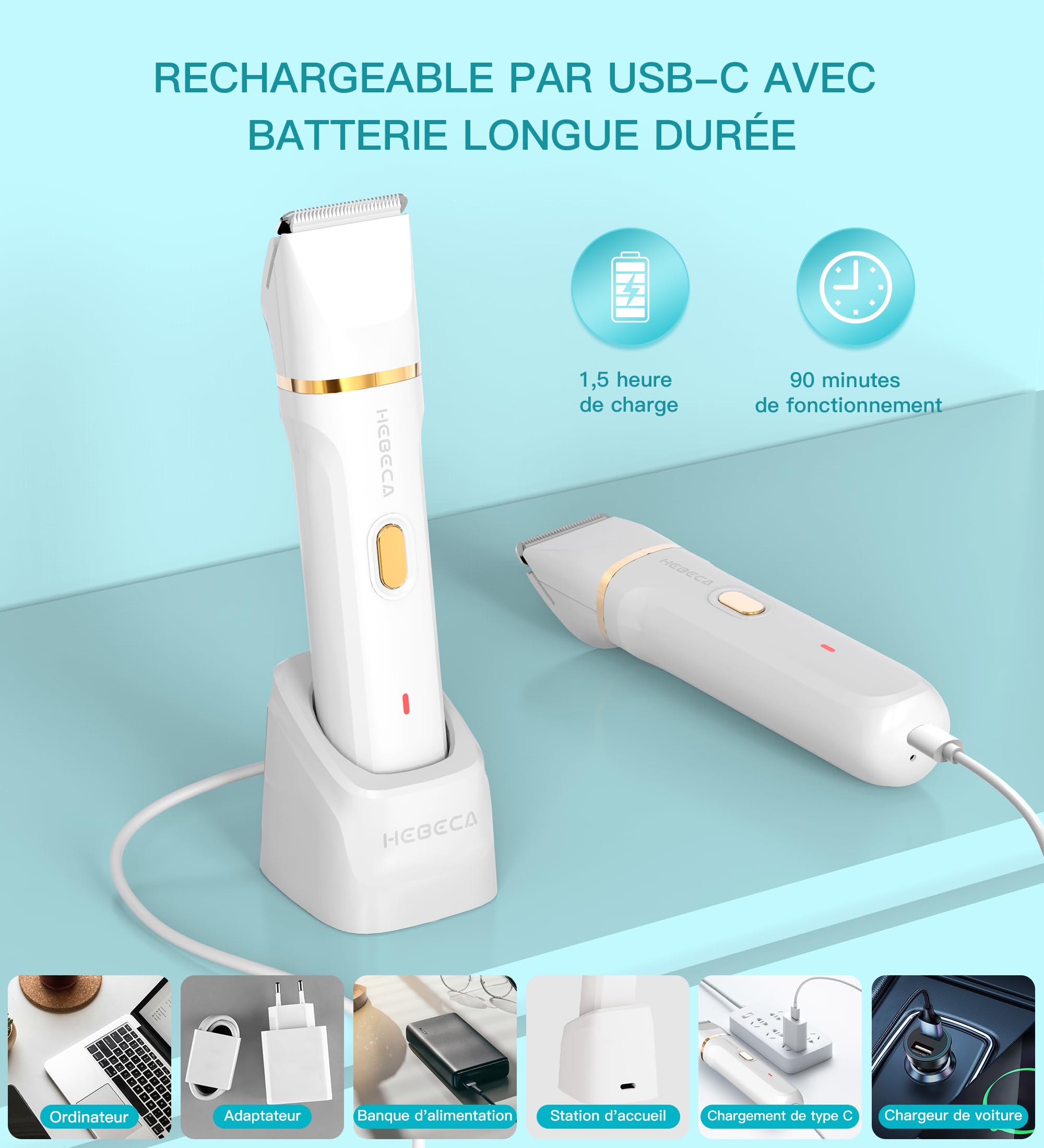 Hebeca Tondeuse de bikini électrique 3 en 1 pour femme – Rasoir faciale et intime pour peaux sensibles – Imperméable et rechargeable