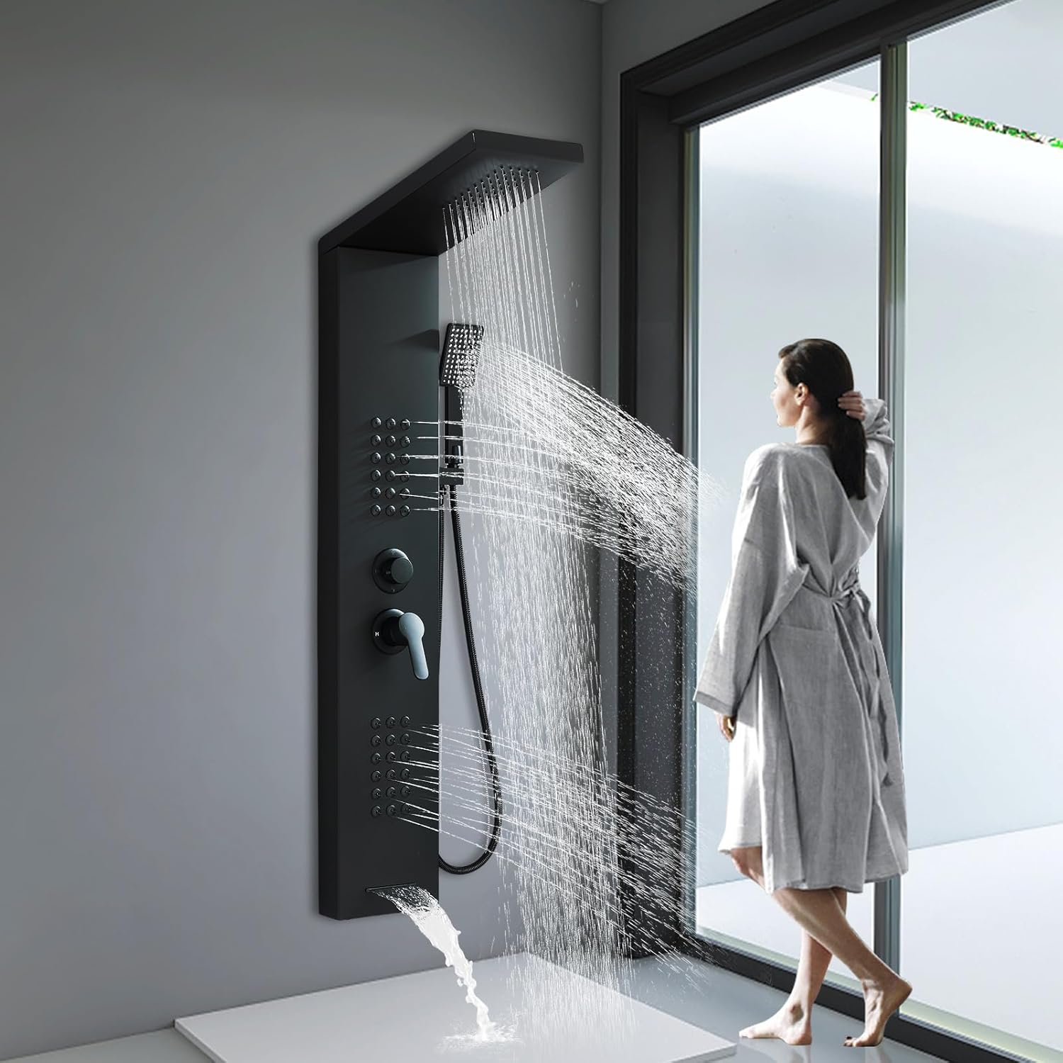 Black Shower Panel Modern Shower Tower System with Full Body Shower Jets System Handheld Spray Wall Mount Shower Panels Faucet