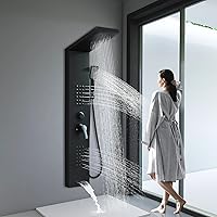 LiveComfortableatHome Black Modern Shower Panel Tower with Rainfall Head, Body Jets, Handheld Spray & Tub Spout - 304 SS Wall Mount