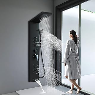 LiveComfortableatHome Black Modern Shower Panel Tower with Rainfall Head, Body Jets, Handheld Spray & Tub Spout - 304 SS Wall Mount