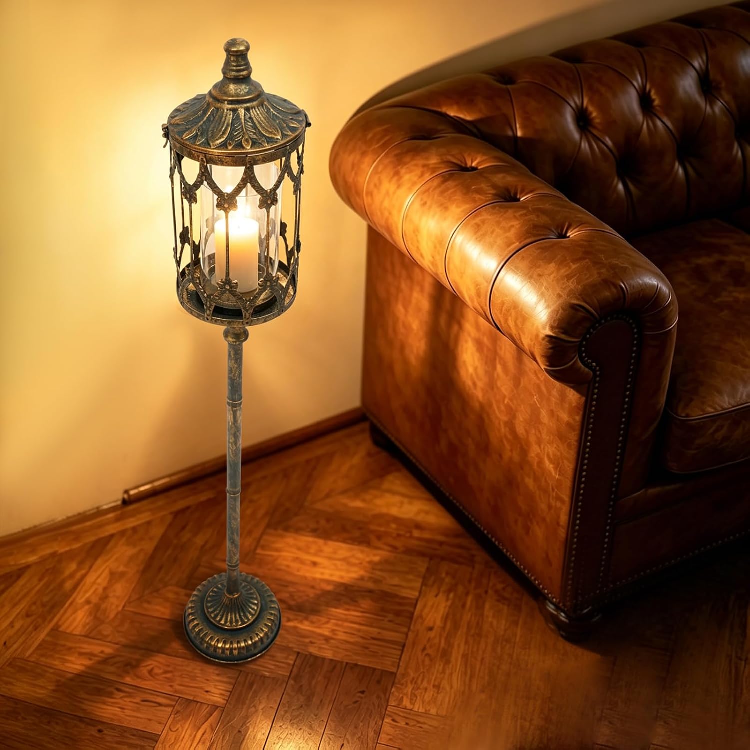 Vintage Floor Candelabra, 37in Tall Retro Floor Candle Holder with Flip-Top Lid Antique Bronze Floor Candle Holder for Living Room Decor, Heavy Duty Metal Stand for Wedding, Dining Table or Hallway