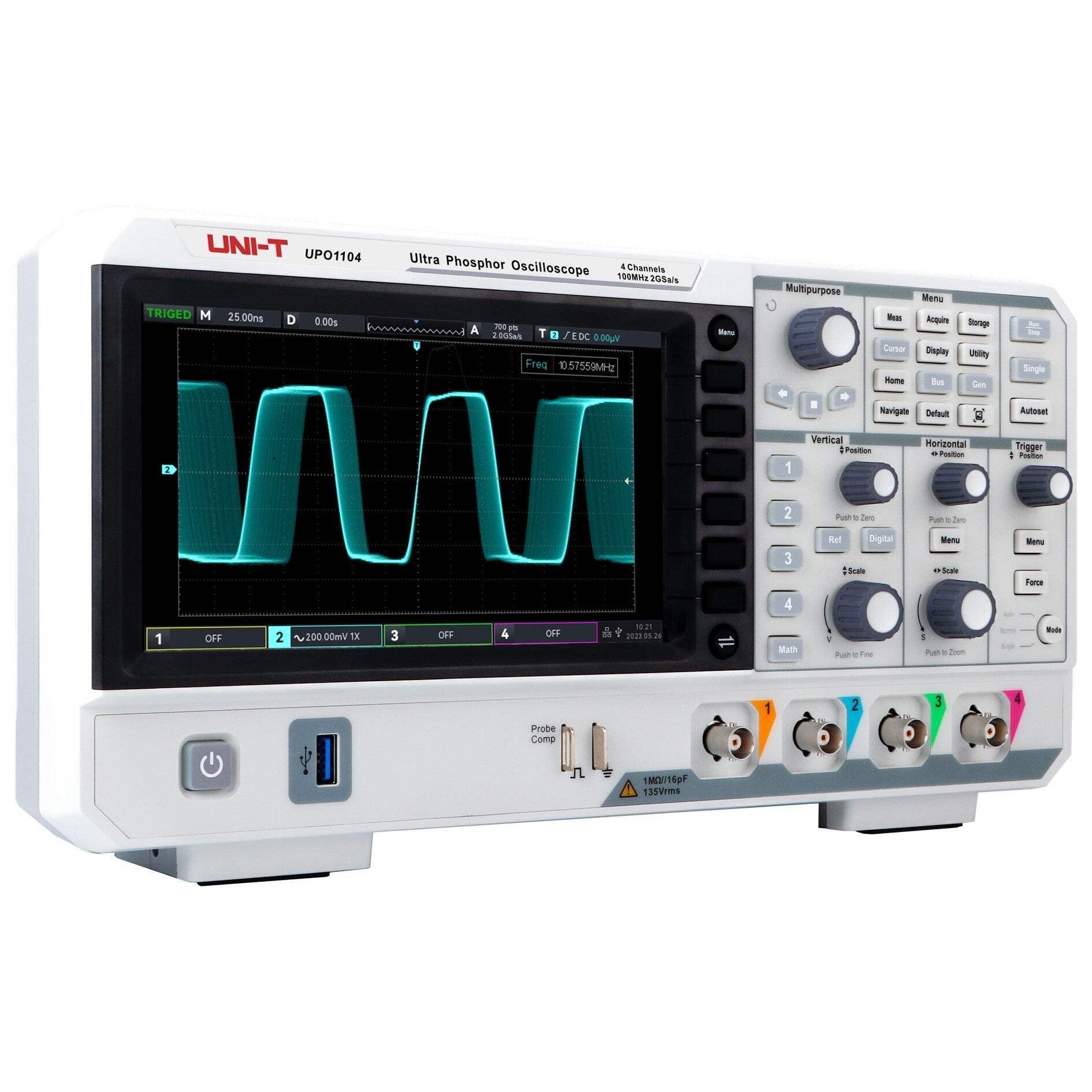 UNI-T Osciloscopio digital DSO Ultra Phosphor UPO1104, 100 MHz, 4 canales, 2 GSa/s, 56 Mpts, profundidad de memoria, 500.000 wfm/s, pantalla de 7 pulgadas, adquiere rápidamente puntos FFT de 1 Mpts