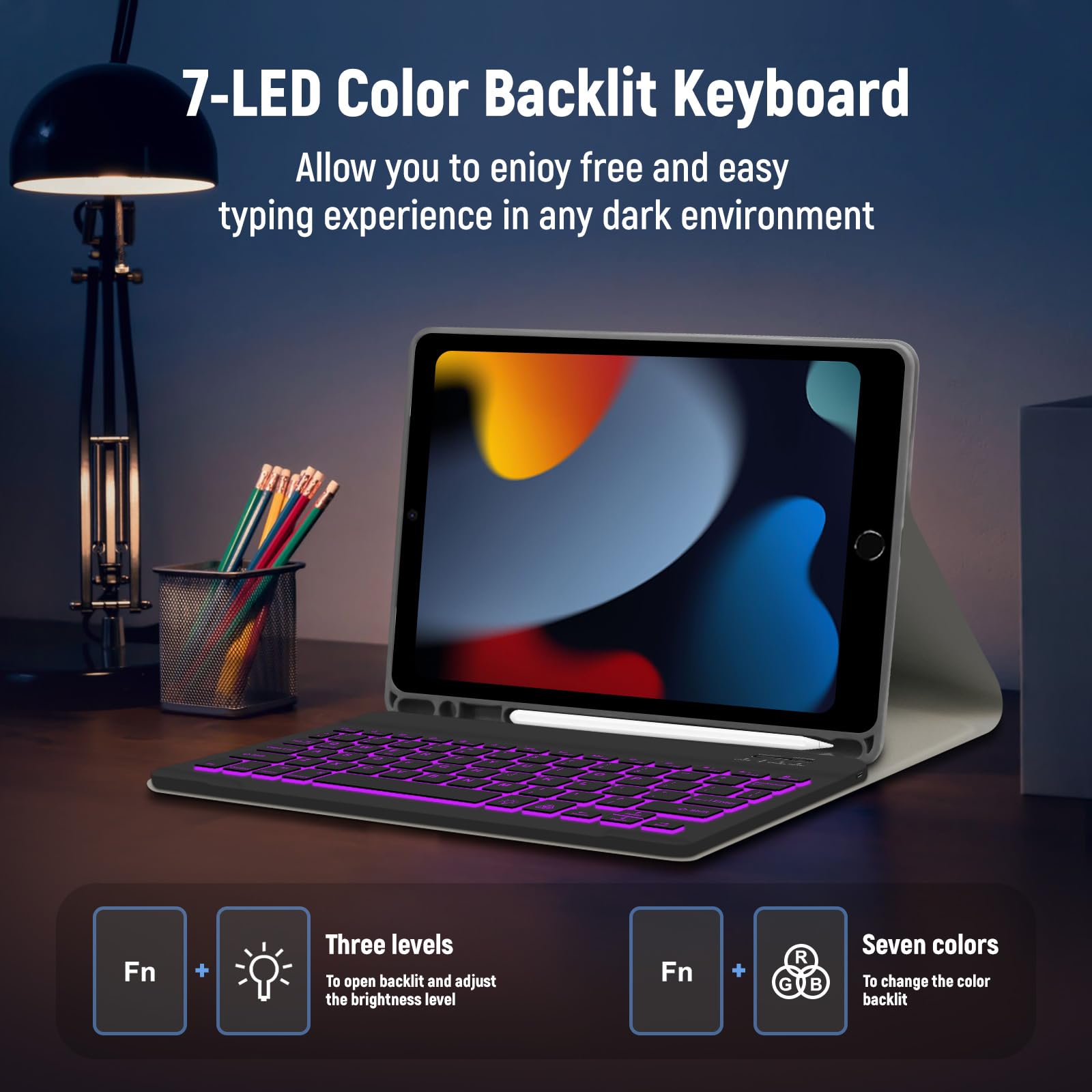 Lielax Funda de Teclado para iPad de 10.2 Pulgadas 2021, Funda Protectora con Soporte para lápices Teclado inalámbrico Desmontable, Negro