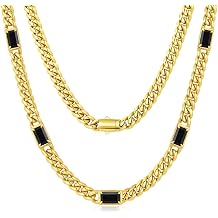 TUNGSTORY Black Onyx Gold Cuban Link Chain Necklace, 20IN