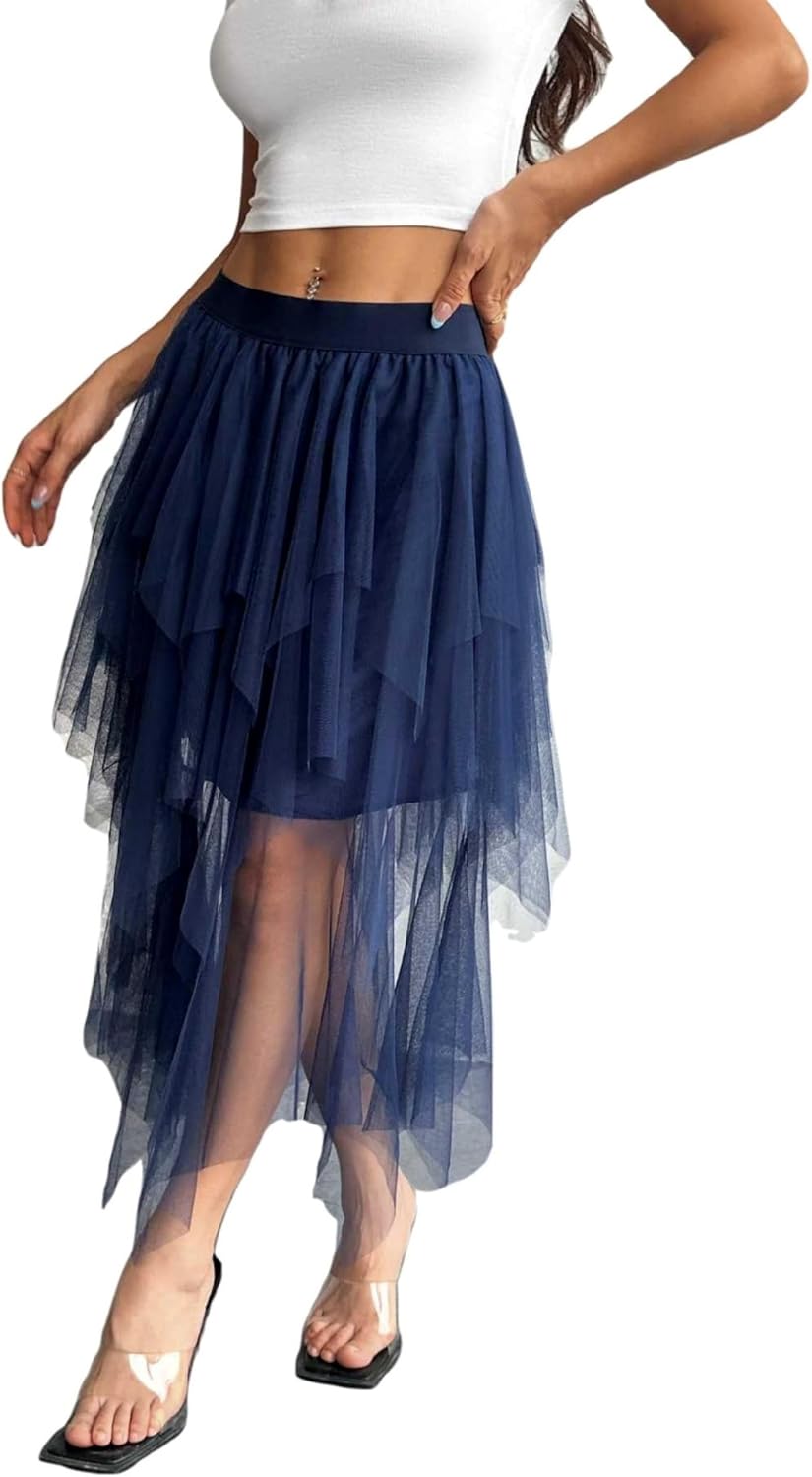 JJEUWE Women's High Waist A-Line Tulle Skirt Midi Length Layered Ruffles Mesh Fairy Skirt for Party Wedding Dance