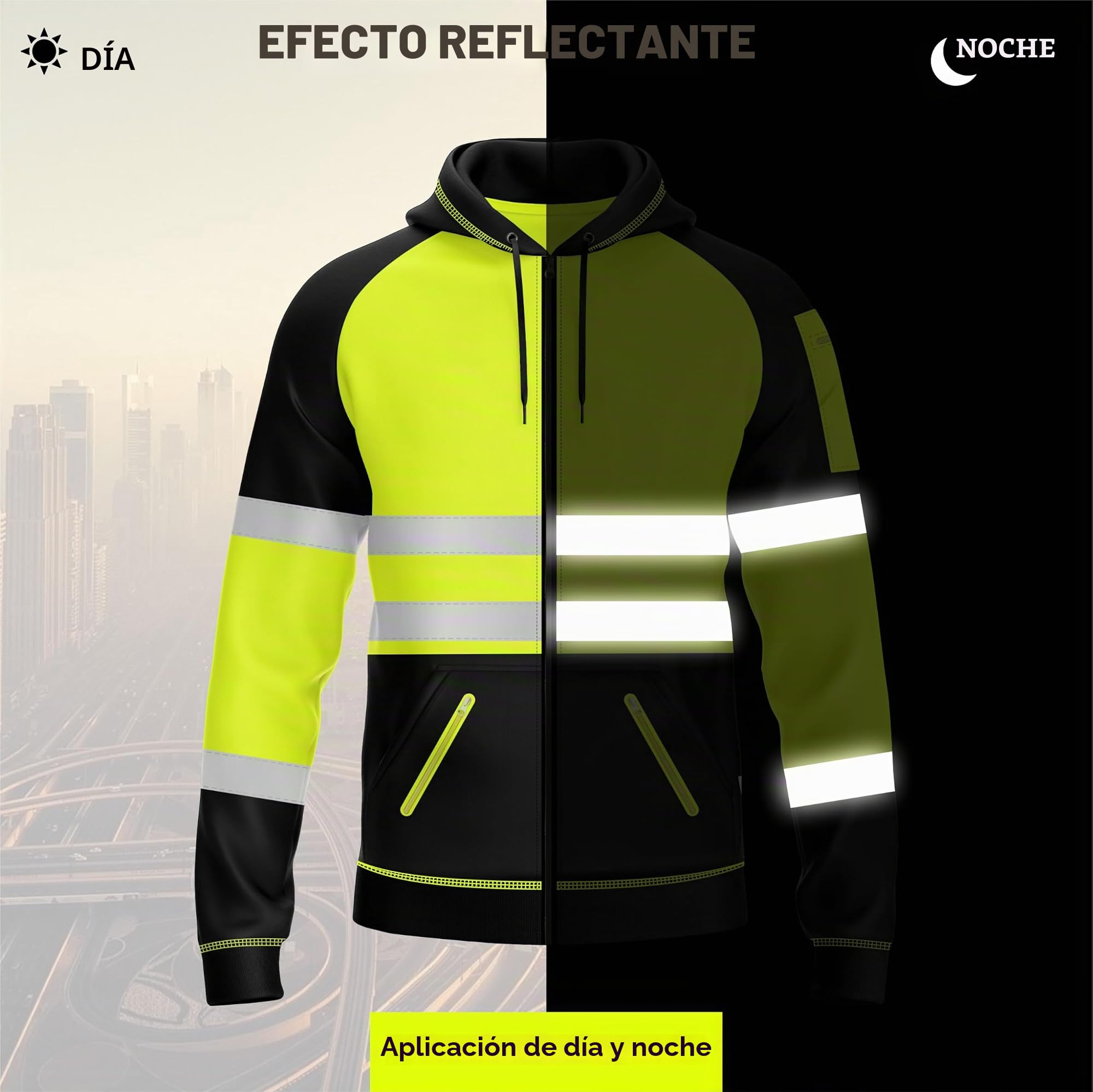 Sudadera con capucha para hombre con cremallera reflectante y 3 bolsillos con cremallera