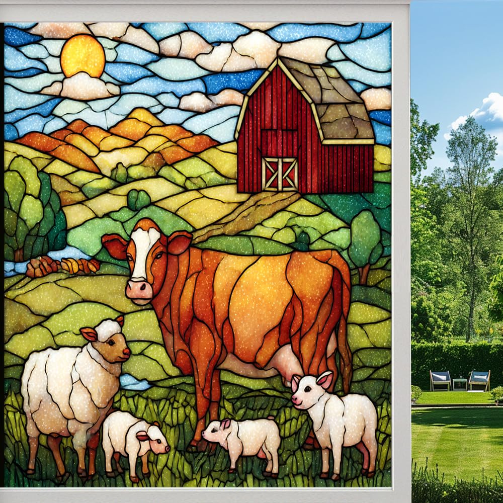 Country Farm Scene Stained Glass Window Film, Rural Cows Sheep Barn Peel and Stick Privacy Film, Frosted Adhesive Vinyl Decorative for Bathroom Windows Glass Doors, （50x90cm）