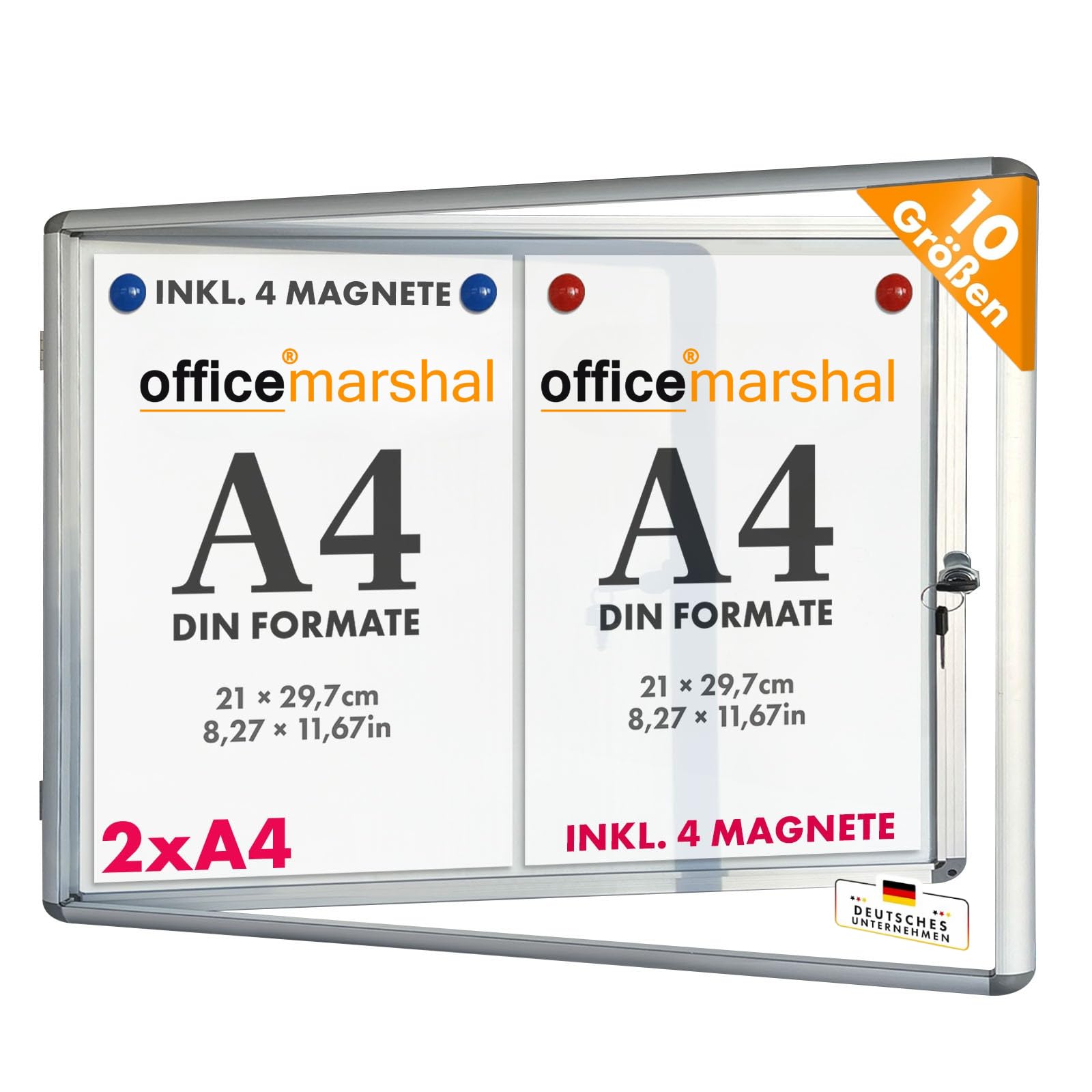 OfficeMarshal Gablotka 2 x A4 z 4 magnesami skrzynka informacyjna skrzynka na informacje, skrzynka wystająca, magnetyczna i do zapisywania tylna ścianka z aluminiową ramą