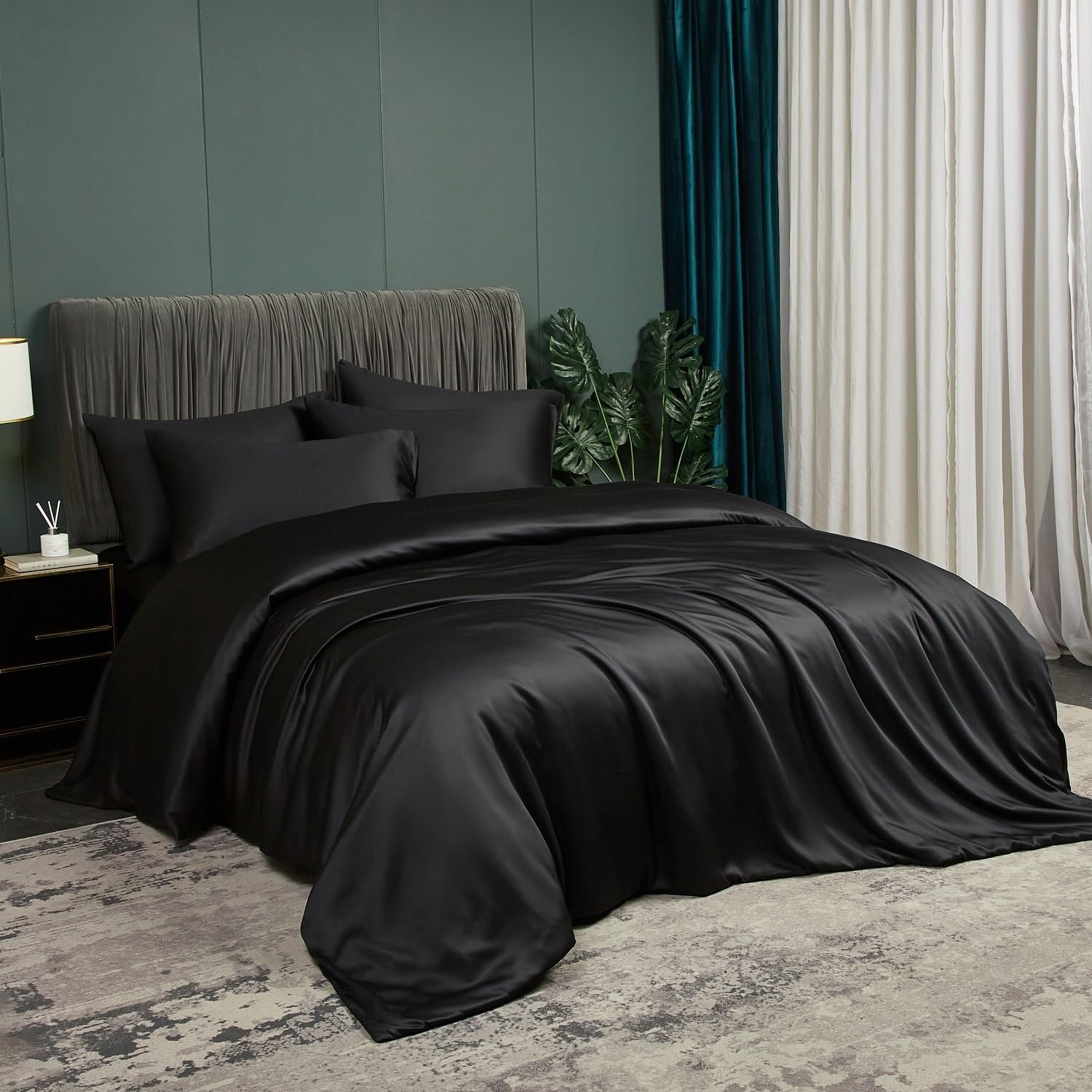 Ropa de cama de verano de 200 x 200 cm, color negro, liso y liso, juego de cama de bambú suave, suave y transpirable, funda nórdica de lujo con cremallera y 2 fundas de almohada de 80 x 80 cm