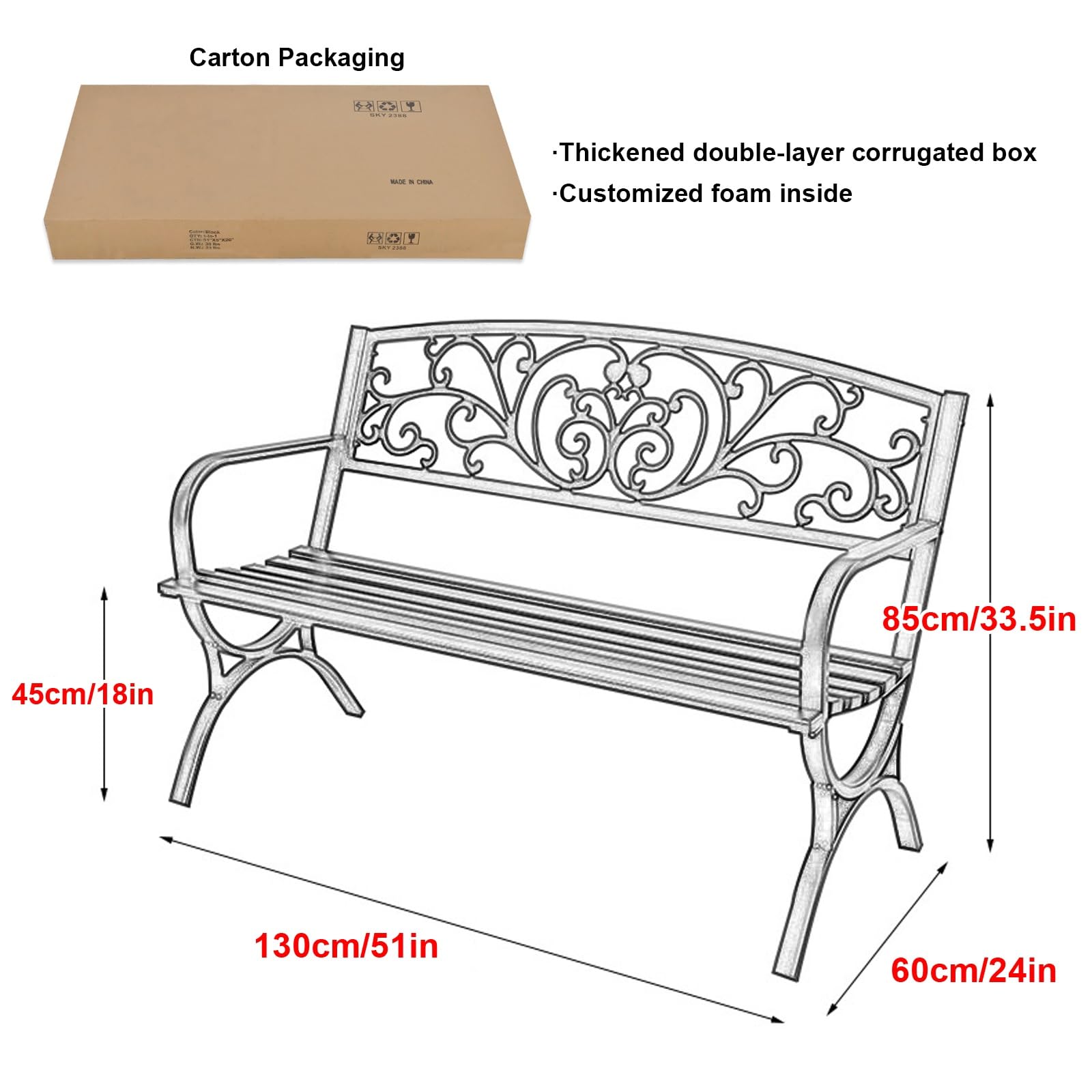 Panca da Giardino, Carico Massimo 300 kg, Panchina da Esterno per Prato, Parco, Terrazza, Panchina da Giardino Resistenti alle Intemperie per 2-3 Adulti(Red)