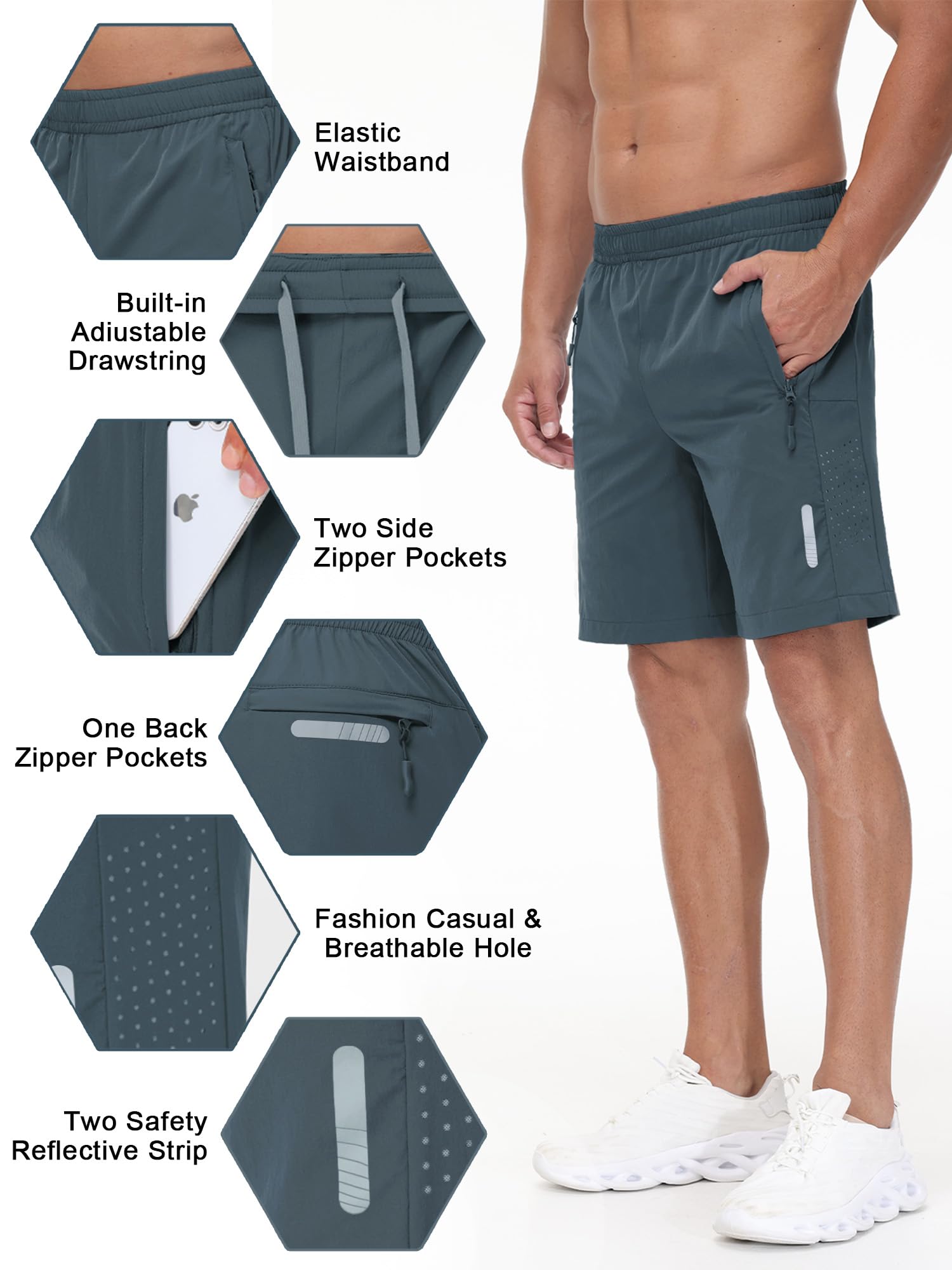 Pack of 2 Sport Shorts Herren Schnelltrocknende Training Herren Gym Bodybuilding lässige Shorts Basketball Atmungsaktive Laufshorts mit Reißverschlusstasche