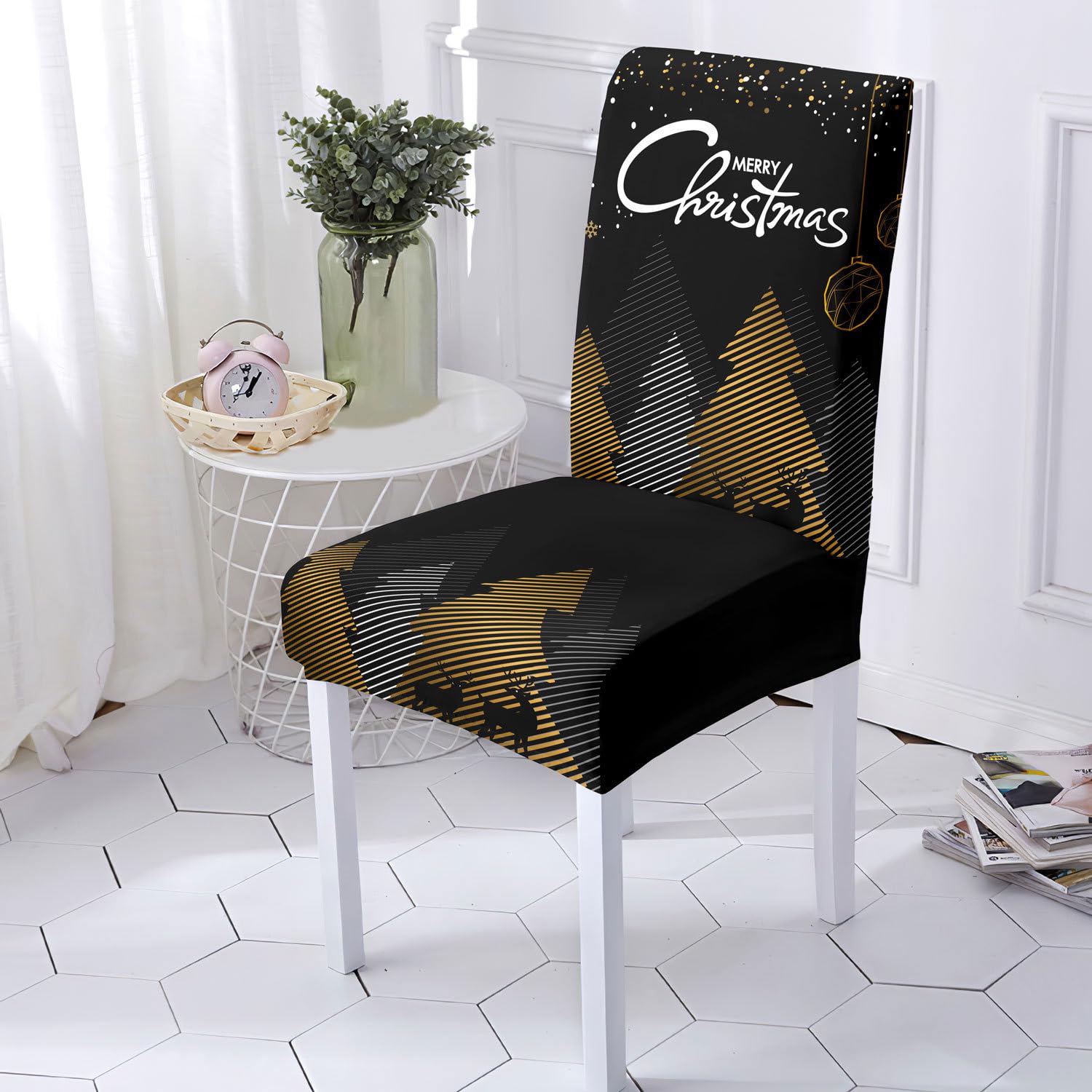 Chair Covers Golden Black Christmas Dining Chairs Set of 2 Stretch Spandex Dining Chair Covers Removable Dining Room Chair Covers Washable Dining Chair Slipcovers with Elastic Band