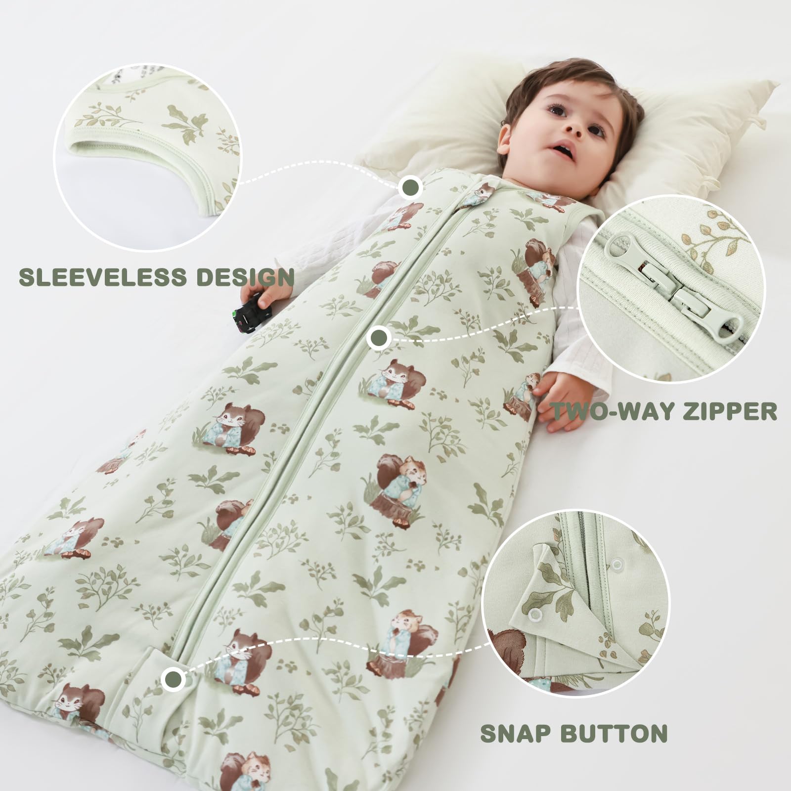 Mosebears Sacco nanna invernale per bambini, 2,5 tog, 100% cotone, per diverse misure dalla nascita all'età di 24 mesi(Green Animal,0-6 mesi)