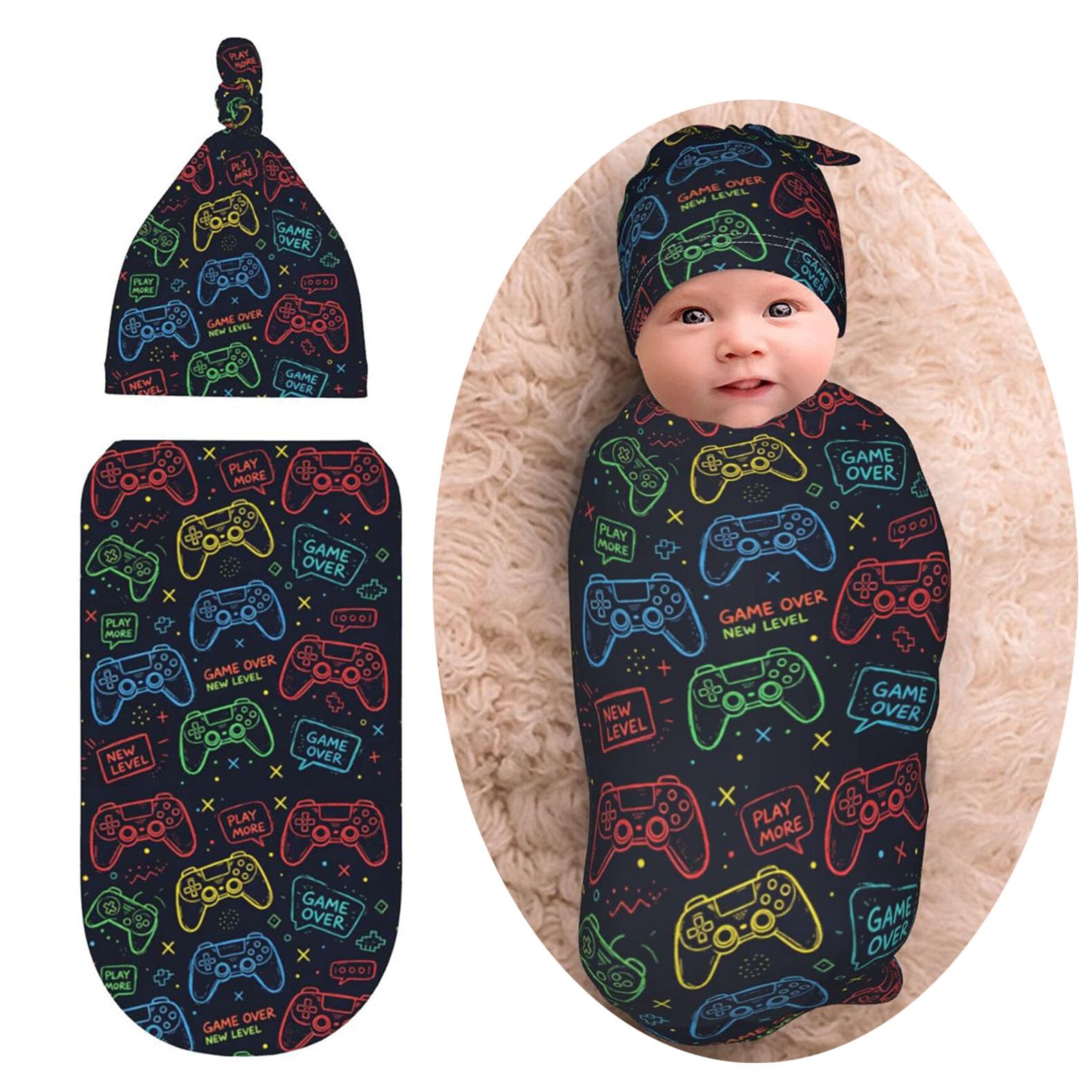 Game Controller Gaming Newborn Baby Swaddle Blanket Baby Stuff,with Beanie hat Sets, Soft Gifts for Unisex Boys Girls Shower Infant