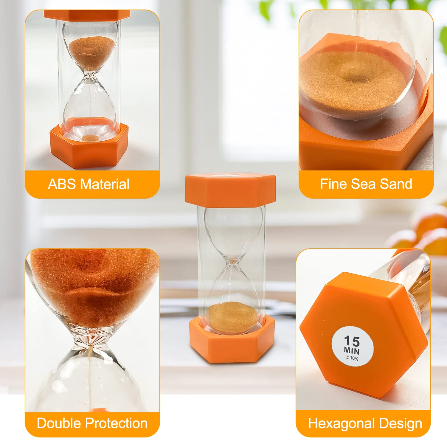 Clessidra con sabbia, timer per bambini, timer da cucina, decorazione per la gestione del tempo, clessidre colorate, perfetto in casa, classe, cucina, ufficio, giochi, 15 minuti, arancione
