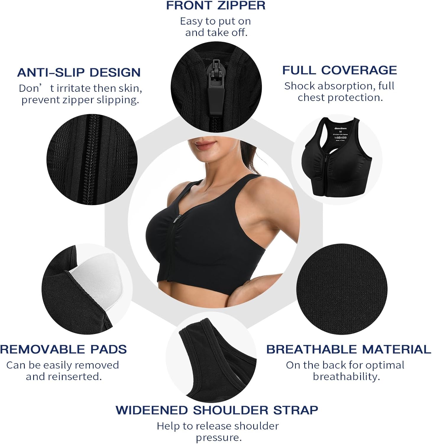 2 Pack Sports Bras for Women Zip Front Closure Yoga Bra Seamless Wirefree Padded High Impact Running Gym Workout Bras - Image 3