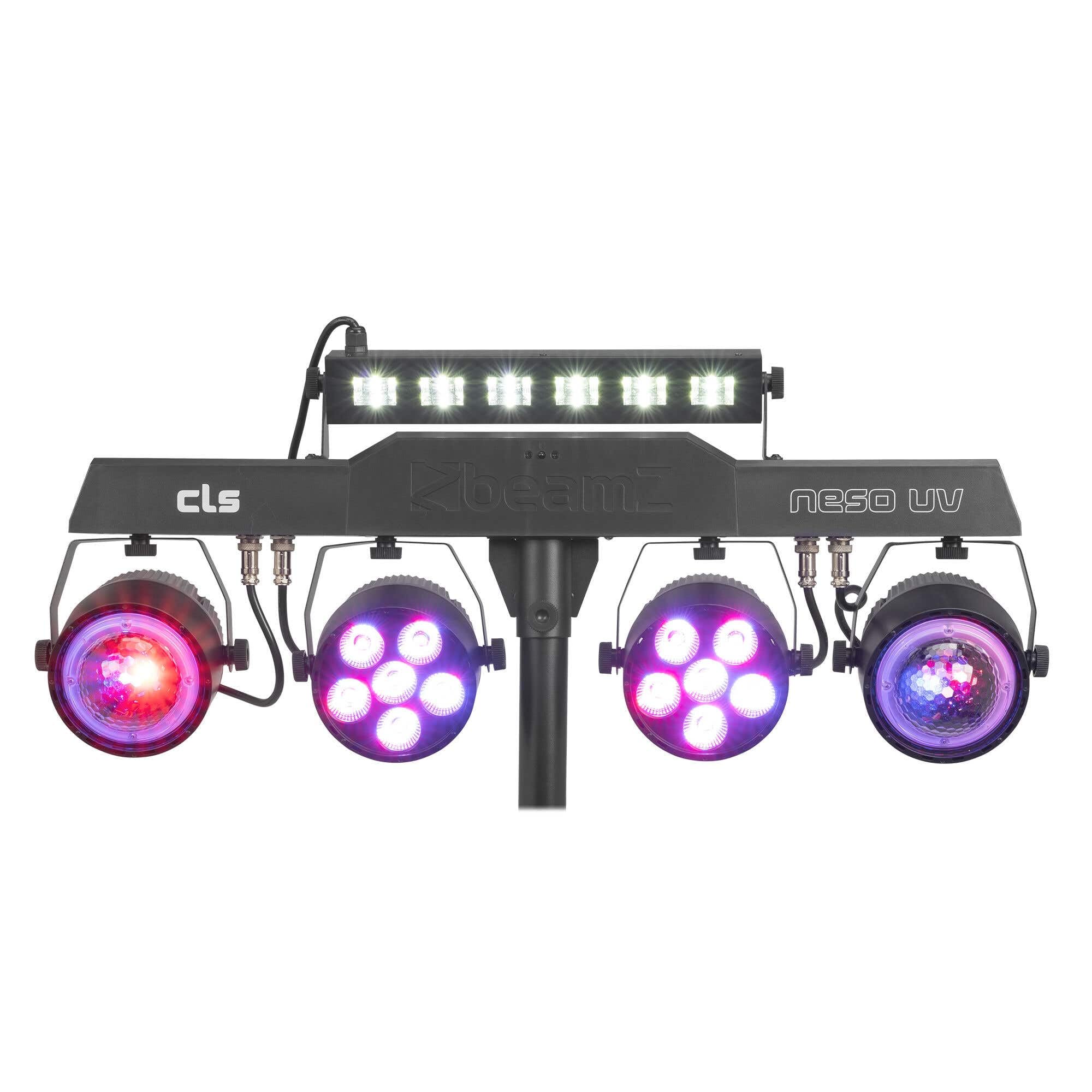 BeamZ CLS NesoUV Party Bar con 2 jelly moon, 2 par led rgbw y barra UV strobe, barra led dj con tripode, dmx 512, luces discoteca para casa, luces dj y luces escenario