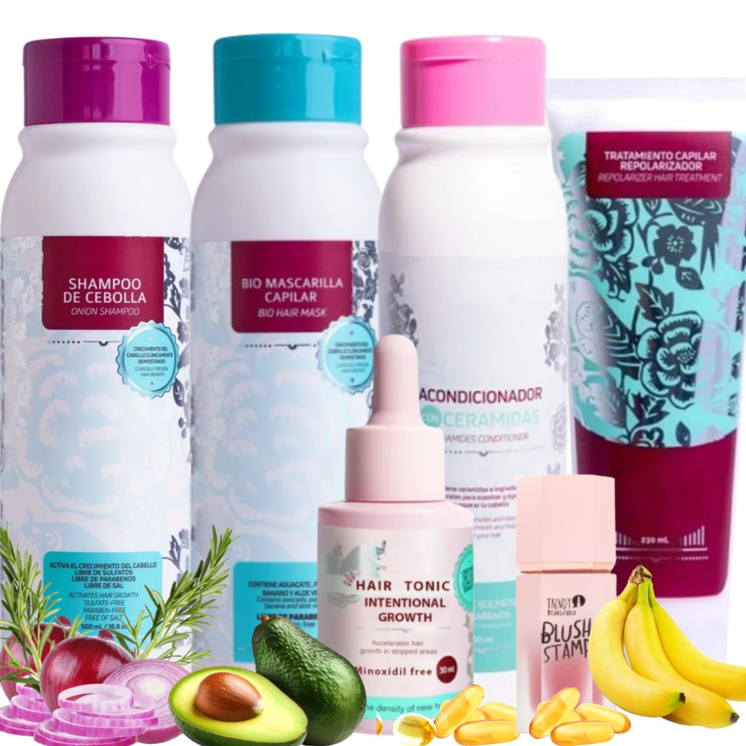 Kit Crecimiento Intensivo y Reparación: Shampoo de Cebolla, Biomascarilla Capilar, Acondicionador para Cabello, Tratamiento Repolarizador, Tónico Capilar Crecimiento Intensivo (5 productos+Obsequio)