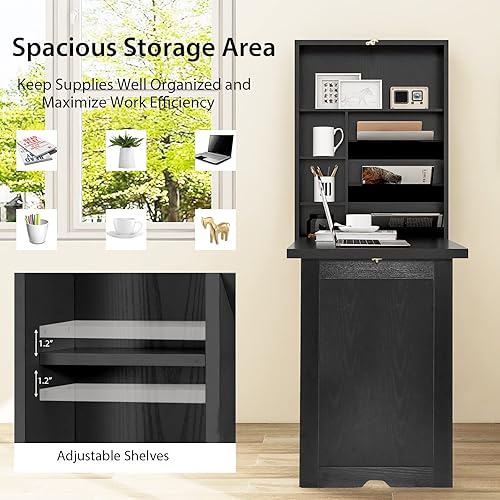 Miniatura 9 de Tangkula Escritorio montado en la pared, escritorio flotante con pizarra, escritorio plegable que ahorra espacio, escritorio convertible, mesa de