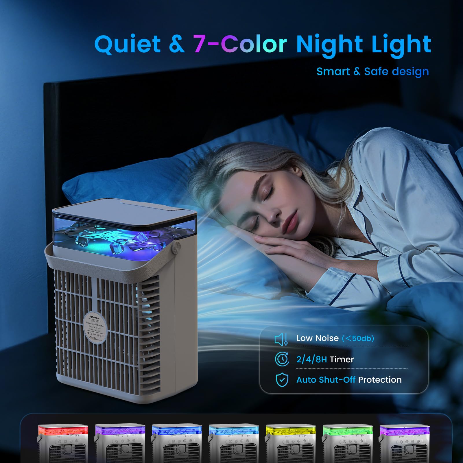Climatiseur Mobile 4 en 1, Mini Climatiseur Portable sans Évacuation, Ventilateur Climatiseur USB, 3 Vitesses, 2 Modes Brumisation, Réservoir 1000ML, Minuterie 2/4/8H, Silencieux pour Chambre Voiture
