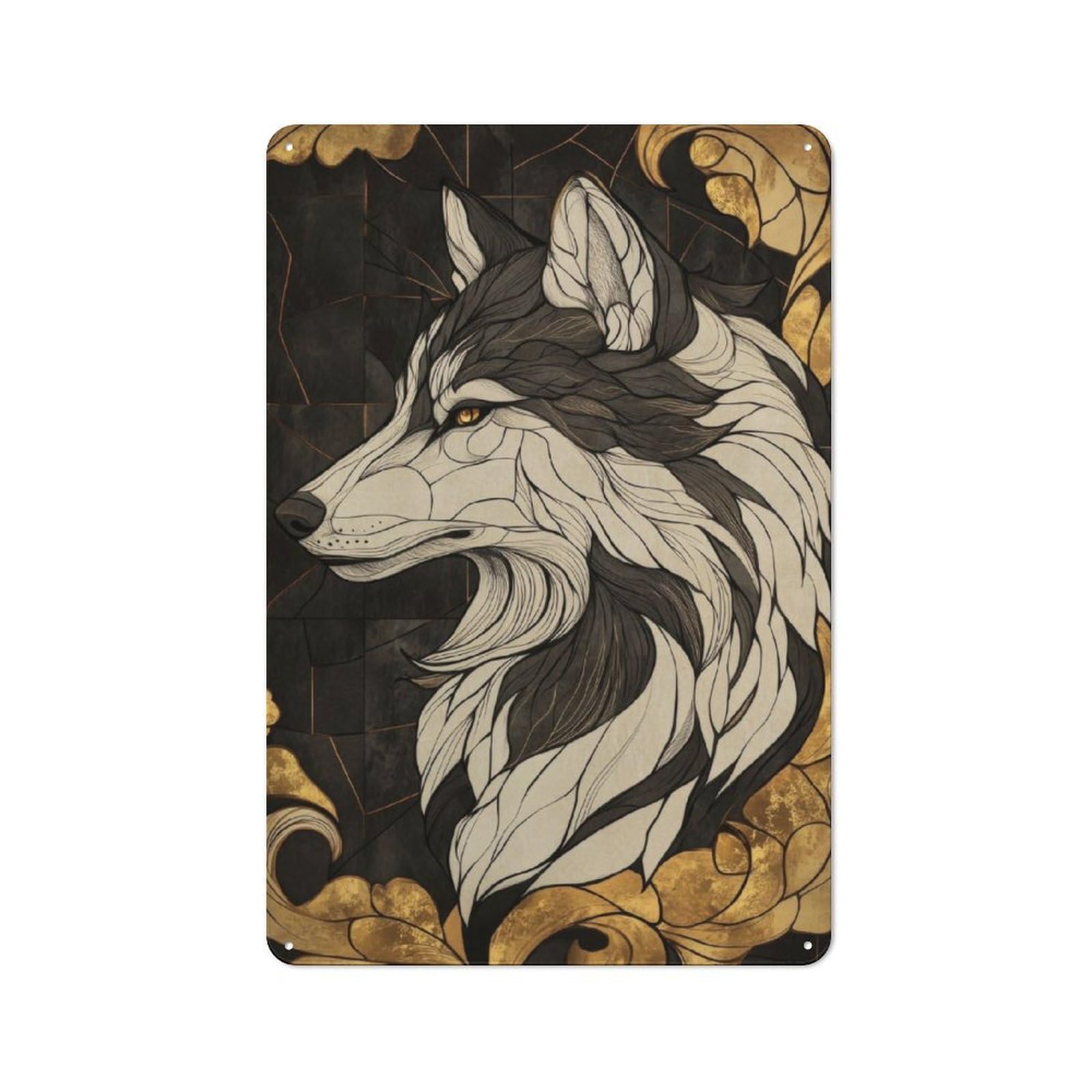 Vintage Metal Plaque 30x20cm Featuring Wolf in Gold Frame for Home Bar Wall, A Metal Wall Feature for Home Bars And Entertaining Spaces